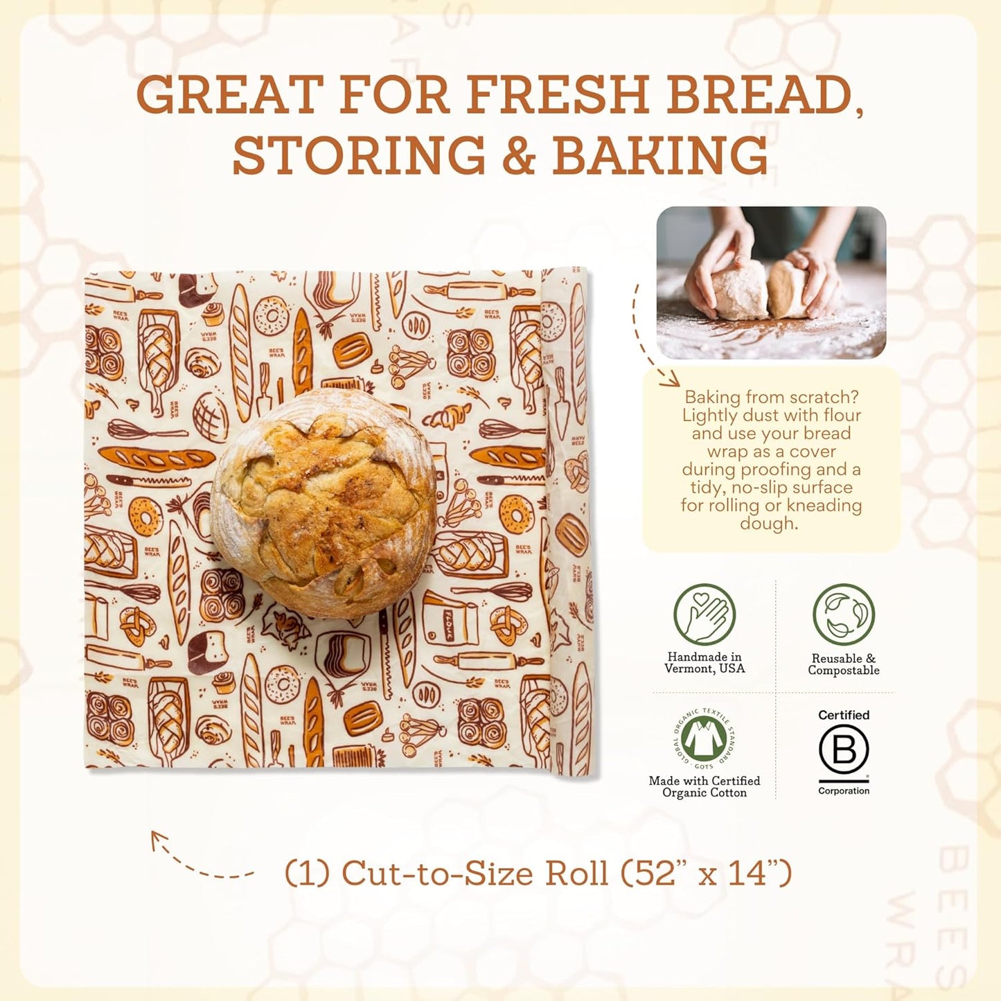 Bee's Wrap Beeswax Wraps for Food - Bakery Lane Cut to Size 14x52" Wax Paper Roll - Made in USA Reusable Waxed Paper & Bowl Covers - Organic & Eco-Friendly Alternative to Aluminum Foil & Plastic Wrap