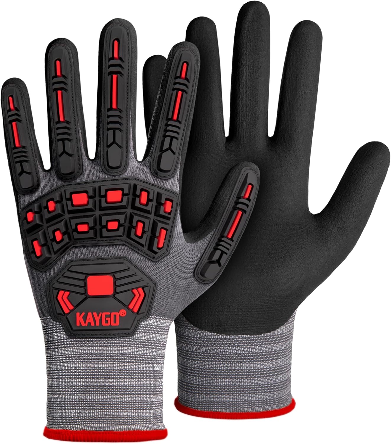 KAYGO Impact Reducing Work Gloves for Men,3 Pairs KG18N TPR Safety Work Gloves MicroFoam Nitrile Coated, Seamless Knit Nylon, Ideal for General Purpose,XL
