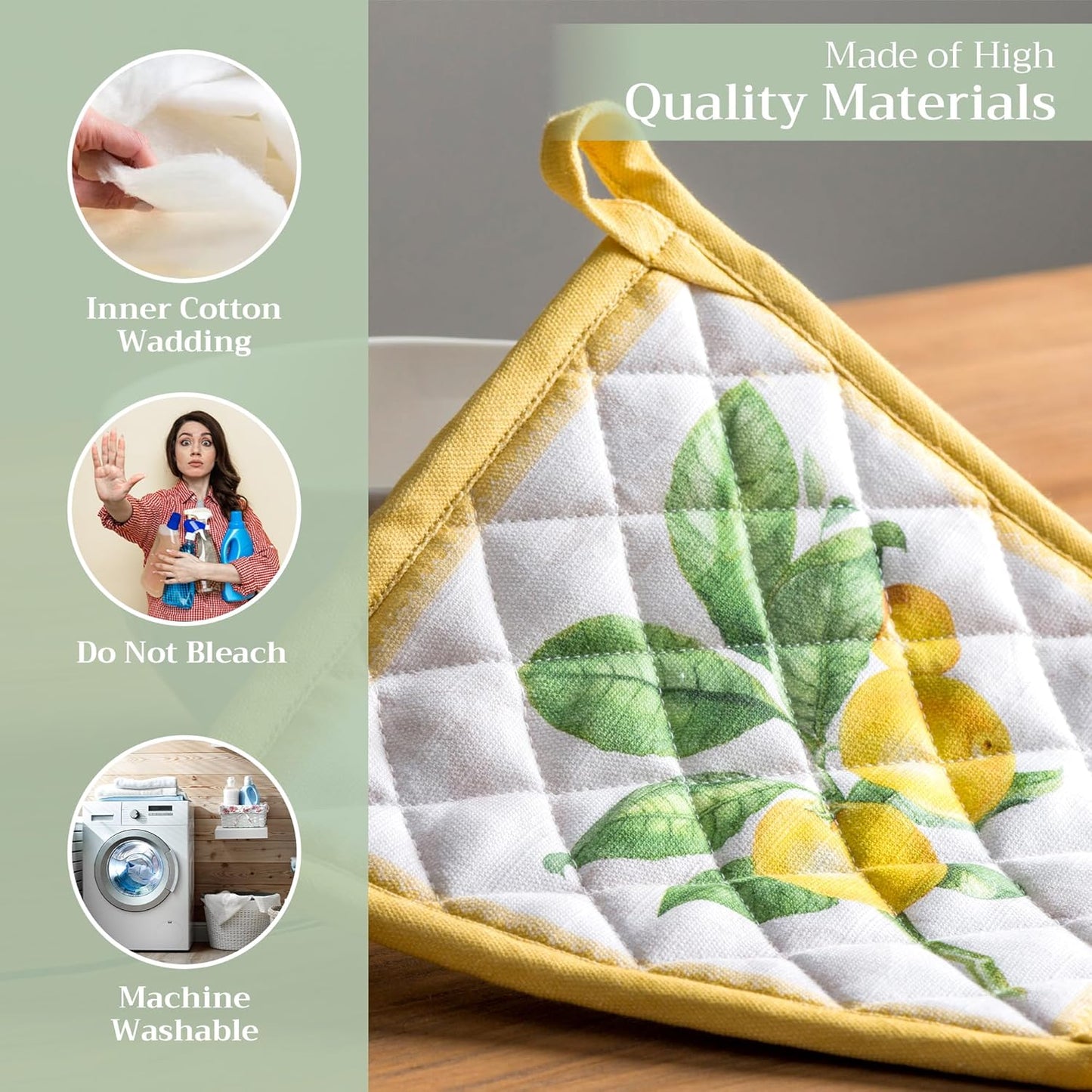 Maison d' Hermine Pot Holders 100% Cotton Heat Resistant Potholders 8" x 8" Hot Pads with Loop BBQ, Cooking, Baking, Grilling, Kitchen, Handling Hot Pans Spring/Summer (Pack of 1, Limoncello)