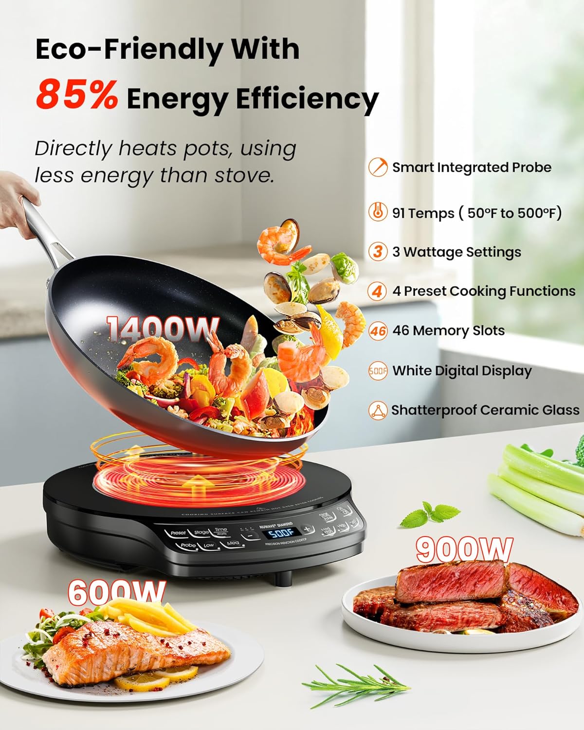 Nuwave Portable Induction Cooktop Diamond with Probe, Advanced Countertop Burner, 91 Temps from 100°F to 500°F, 12”Shatter-Proof Ceramic Glass & 6.5”Heating Coil, Ideal for RV Camp,Small Apt,Travel