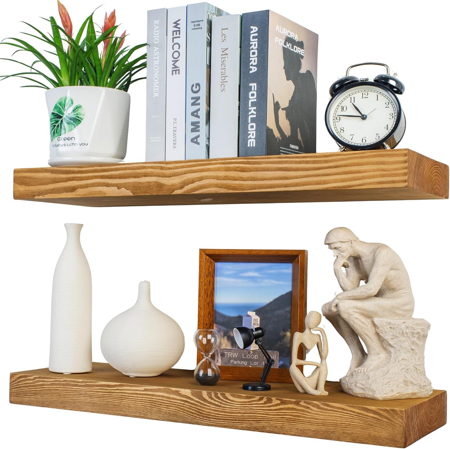 Rustic Floating Shelves 24 inch Long 8 inch deep Set of 2, Solid Wood Wall Shelves for Bedroom Living Room Kitchen,Book Shelf for Wall, Wall Mounted Shelves with Hidden Bracket- Golden Oak