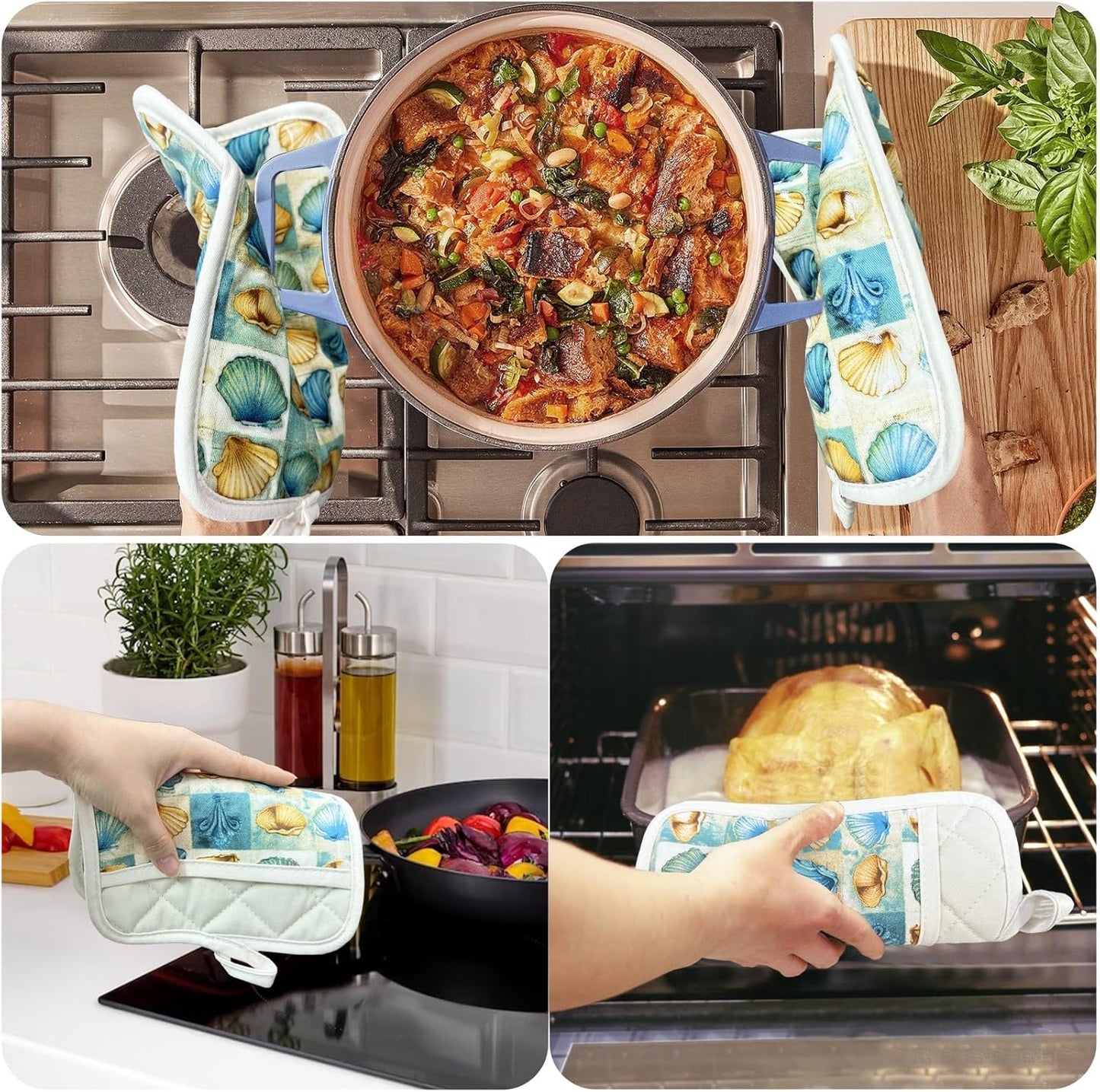 Pot Holders Set of 2 Heat Resistant 480 ℉Non Slip Clear Silicone Printed Comfortable Cotton Lining Kitchen Women Men Cooking Baking Microwave Machine Washable (Shell, Beige potholders)