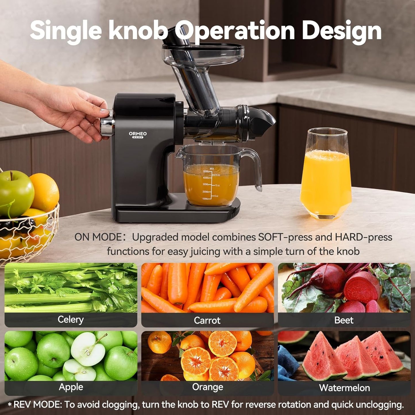 Juicer Machines,ORMEO HOME Cold Press Juicer with Single Knob Control,3.60"Large Feed Chute For Vegetable and Fruit,Masticating Juicers Easy to Clean,BPA-Free,High Juice Yield (Black)