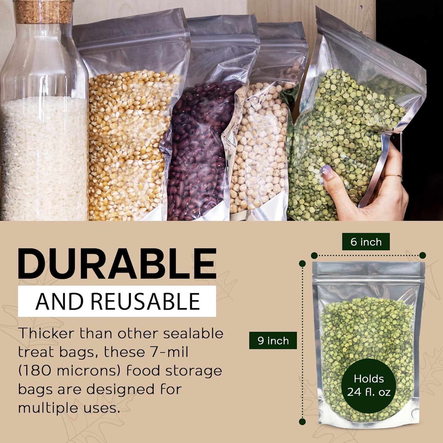 150 Resealable Food Storage Bags, 6x9-inch Heat Sealable Air Tight Bags, Stand Up Zip Bags, Waterproof Packaging Barrier