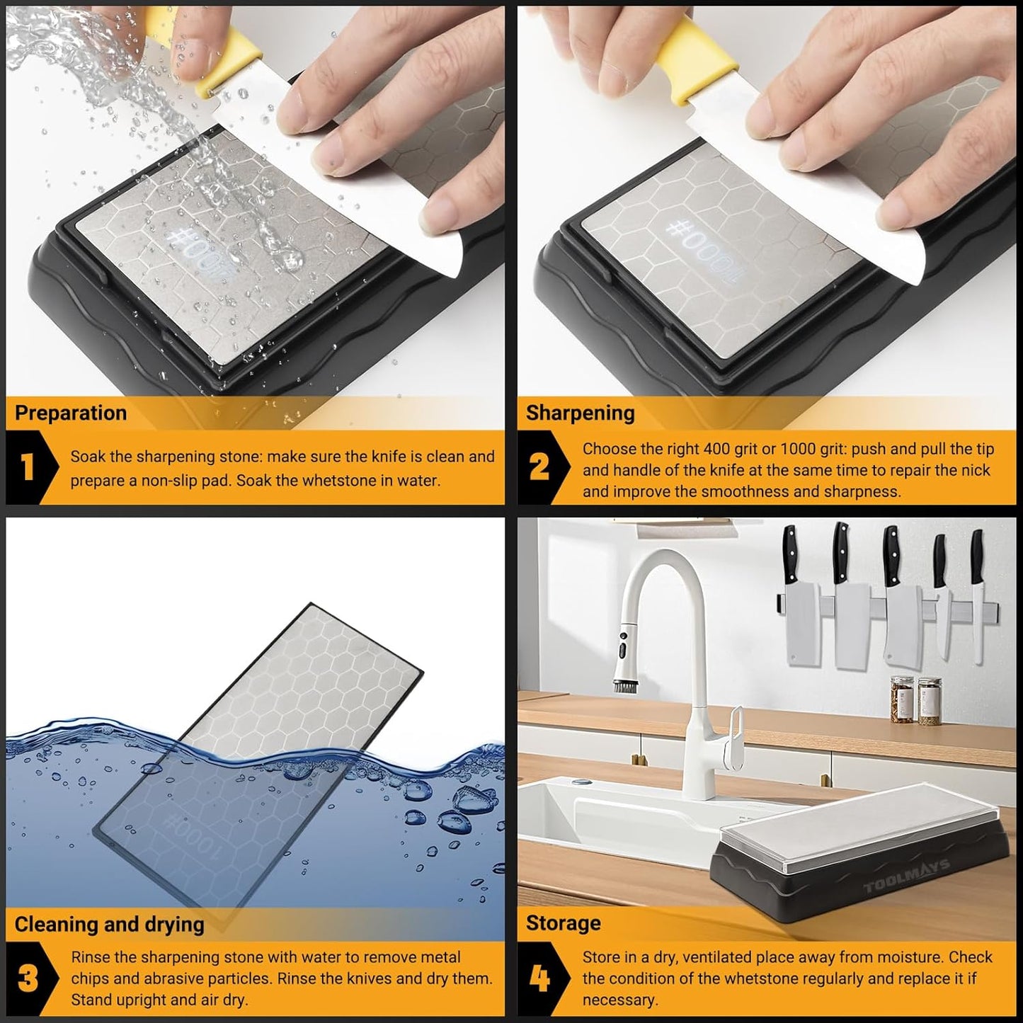 Sharpening Stone Double-Sided Grit 400/1000, Diamond Honeycomb Surface Plate, Knife Sharpener Stone with Angle Guide and Non-Slip Base for Outdoor Kitchen Sharpen Tools