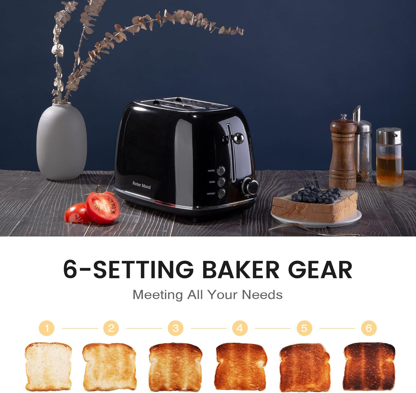 2 Slice Toaster Retro Stainless Steel with Bagel, Cancel, and Defrost Functions, 6 Bread Shade Settings, Extra Wide Slots and Removable Crumb Tray, Black