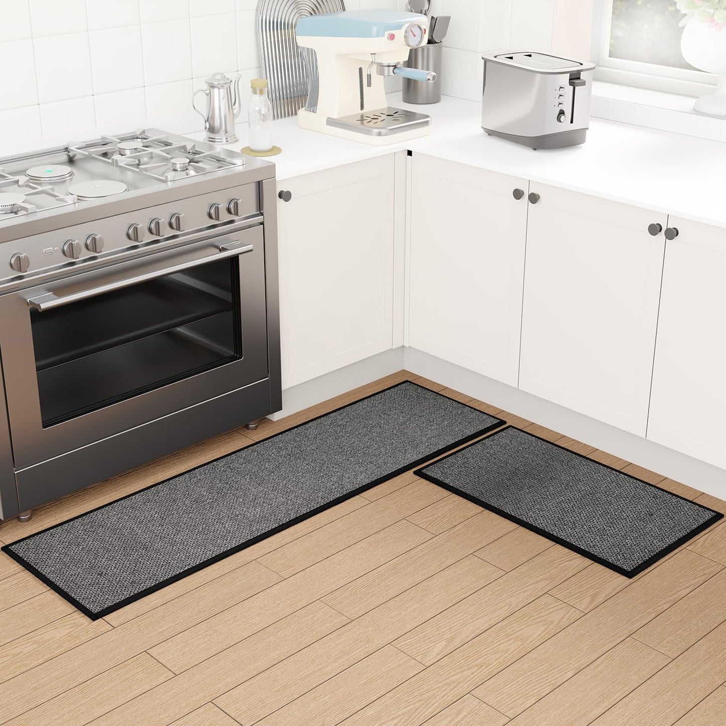 Kitchen Mat Set of 2 PCS, Cushioned Non Slip Rugs for Kitchen Floor, Absorbent Runner Comfort Standing Mats Washable for Kitchen, Office, Home (Black, 17.3"x30"+17.3"x60")