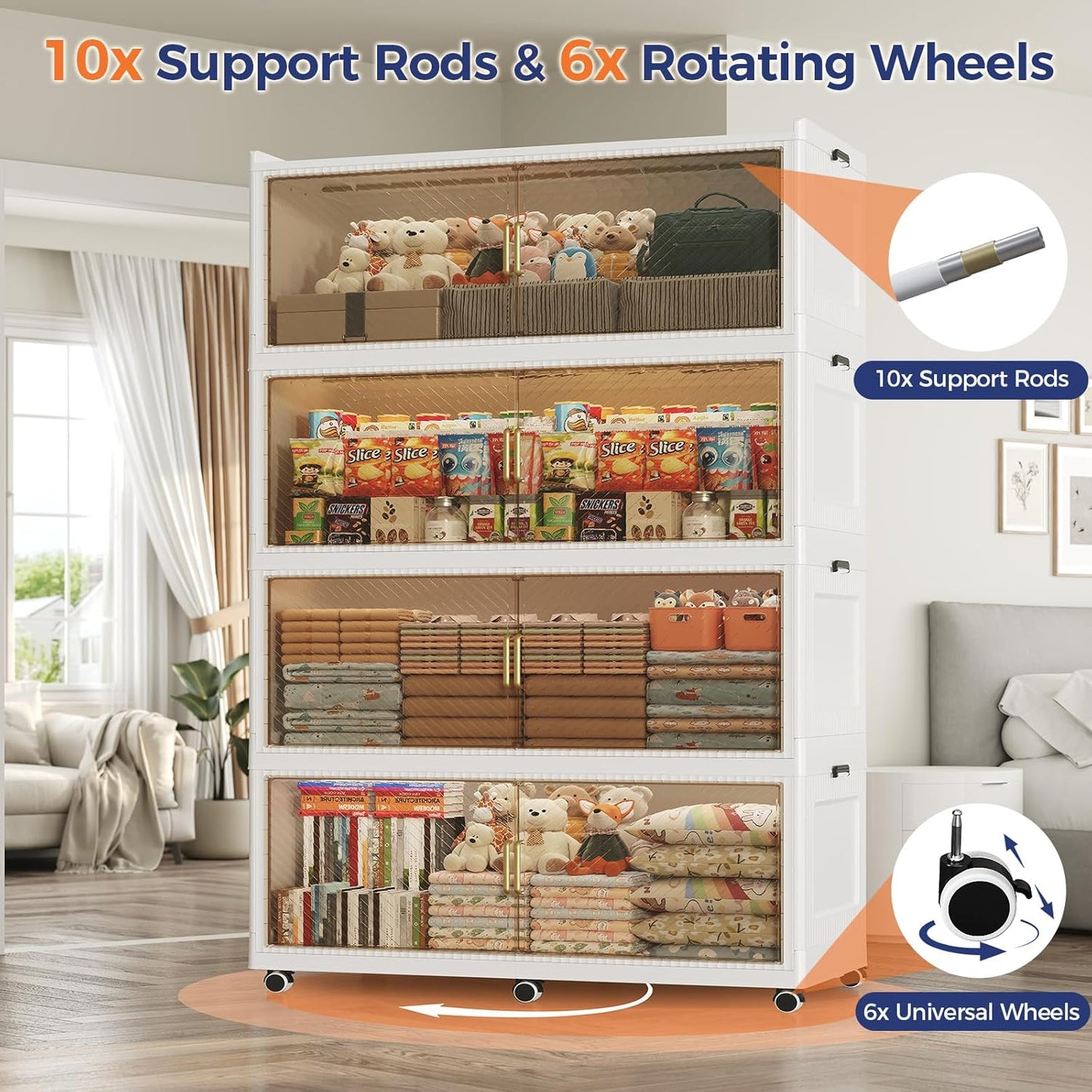 200GAL Extra Large Storage Bins with Lid, 800QT Plastic Stackable Storage Bins with 6x Wheels, Collapsible Closet Organizer and Storage Drawer Cabinet for Living Room Office Dorm, 4Pack White