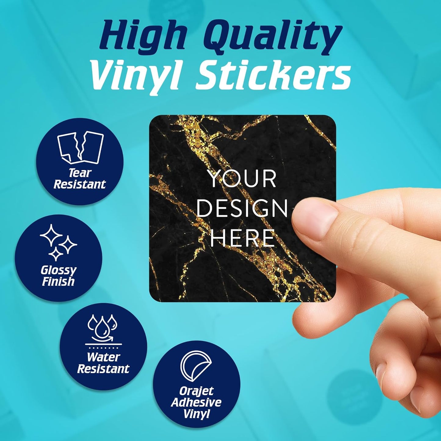 100 Custom Vinyl Stickers - Upload Your own Image, Text, Design, Logo - Personalized Logo Labels for Handmade, Packaging, Bottle, Jars, Candle, Brand Stickers (Black Gold Marble, 2x2 Square)