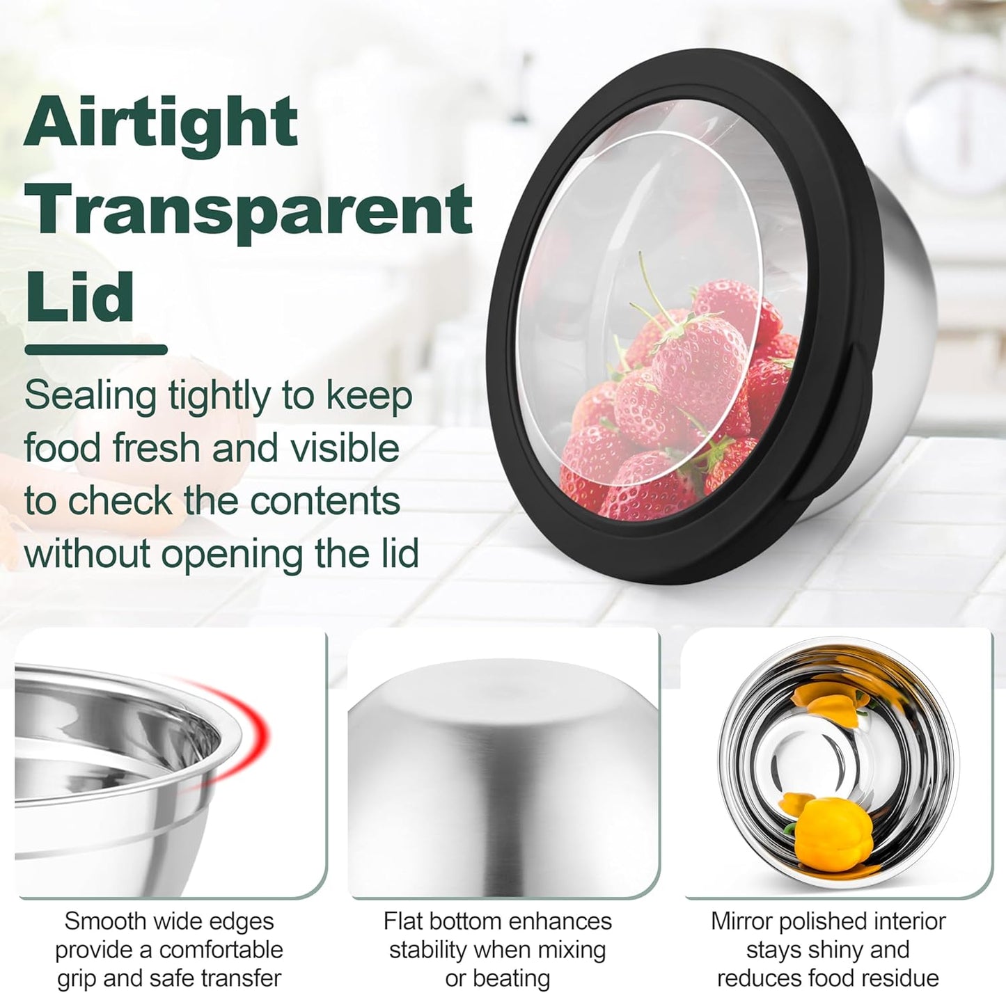 TeamFar Mixing Bowls, Stainless Steel Salad Serving Bowl with Clear Lids & 3 Graters, For Kitchen Cooking Prepping Storing, Size 4.6/2.6/1.5/1/0.7 QT, Nesting & Airtight, Set of 5 & Black