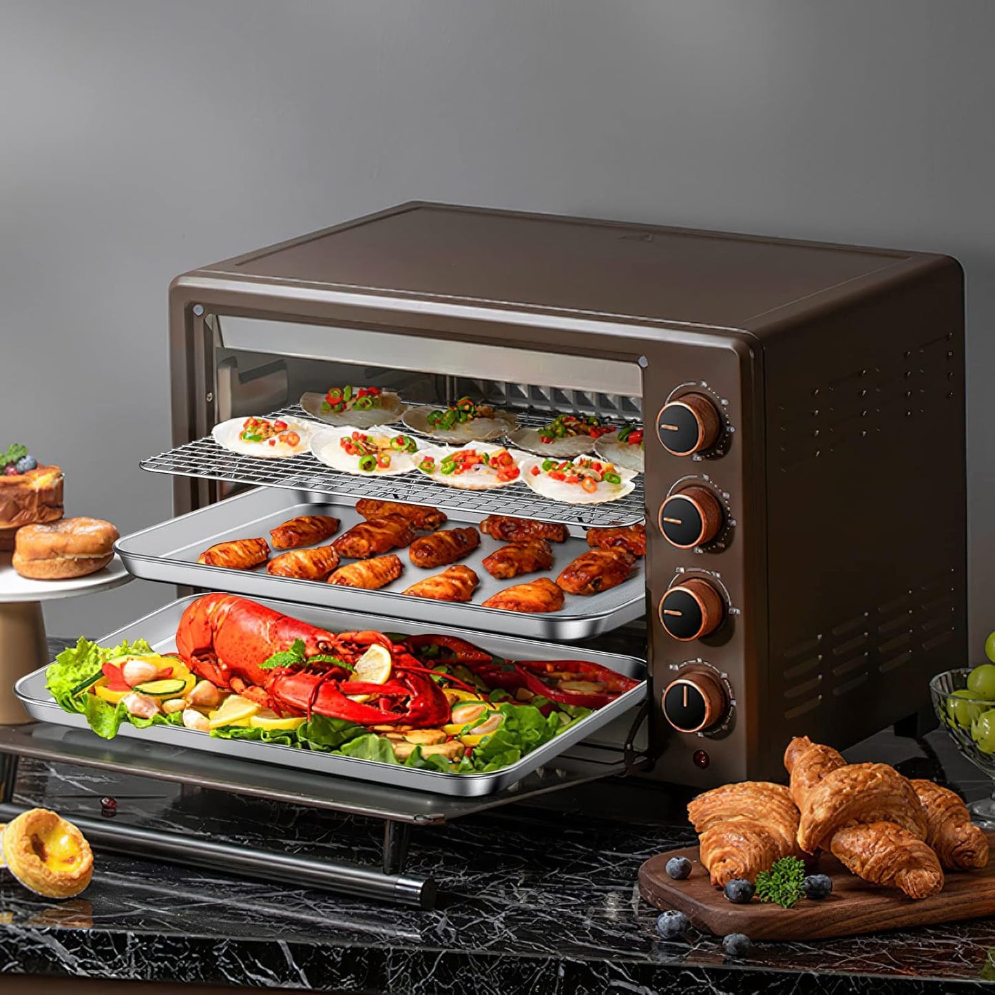 Baking Sheet with Cooling Rack Set [2 Sheets + 2 Racks], Deedro Stainless Steel Cookie Half Sheets Baking Pan Oven Tray with Rack, 17.3 x 12.3 x 1 Inch, Heavy Duty, Non-toxic, Dishwasher Safe