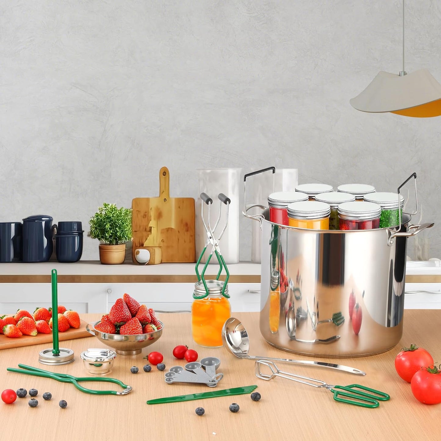 Canning Supplies Starter Kit,Canning Kit for Beginners of 11 with Rack, Jar Lifter，Funnel,Wrench,Tongs,Lid Lifter,Bubble Popper,Labels,ladle,Measuring Spoon-Deep Green