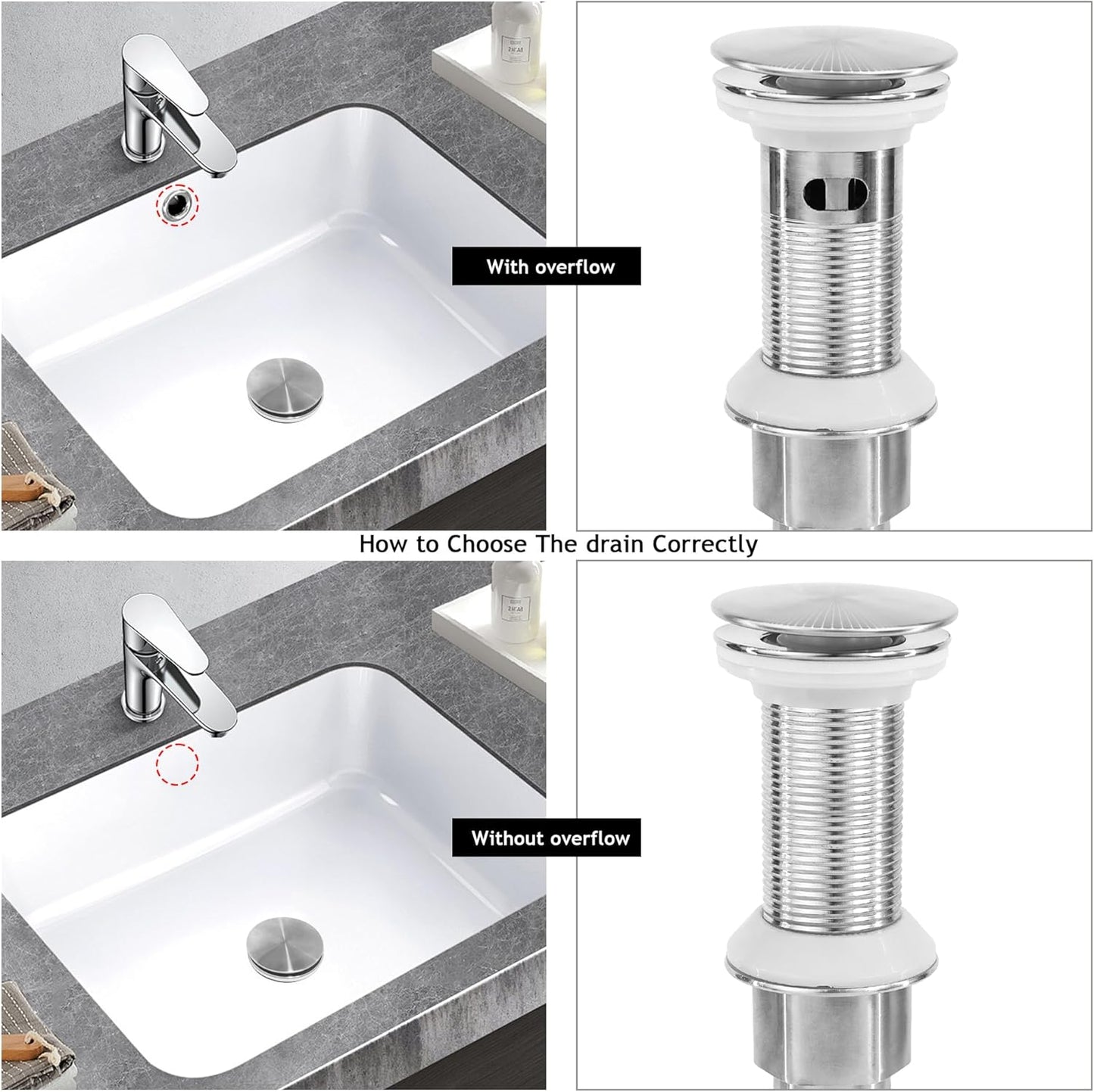 Bathroom Sink Drain,4 Pack Drain Stopper Without Overflow,Pop Up Drain Assembly with Detachable Strainer Basket,Built-in Anti-Clogging, Stainless Steel Nut Brushed Nickel