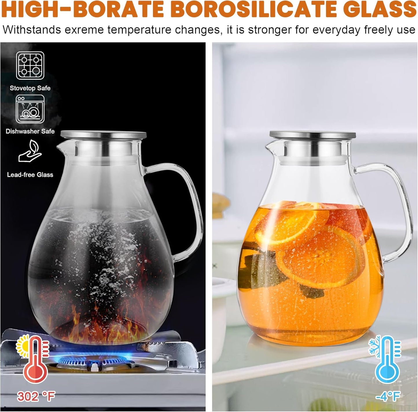 SUSTEAS 3 Litre 101oz Glass Pitcher Jar with Lid and Nozzle, 3.17Quart Cold/Hot Water Glass Water Bottle, Ice Tea for Refrigerator, Large Water Jar for Juice, Milk, Coffee or Homemade Drinks