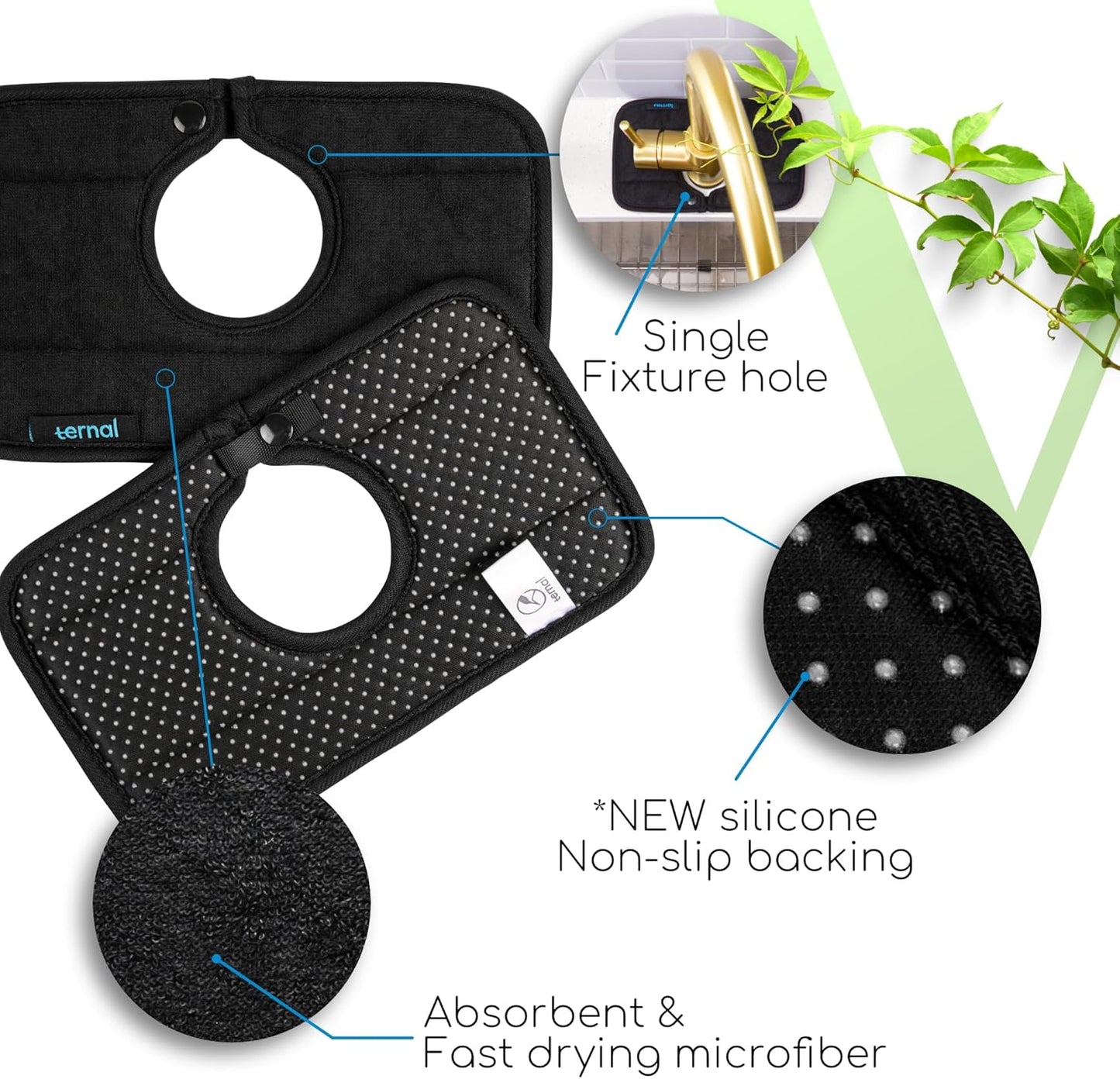 The Original Ternal Sinkmat Drip Catcher & Splash Guard, Faucet Mat for Sinks – Absorbent Microfiber, Machine Washable Counter Protector & Drying Mat for Kitchen, Bathroom or RV [Black, Mini, 1 Pack]