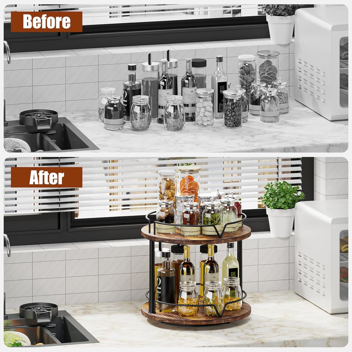 KLM 12" Wood Lazy Susan, Rotating Spice Rack, 2 Tier Spice Turntable Organizer, Industrial Turntable Spice Holder, for Kitchen Countertop and Cabinet, Compact and Versatile, Rustic Brown