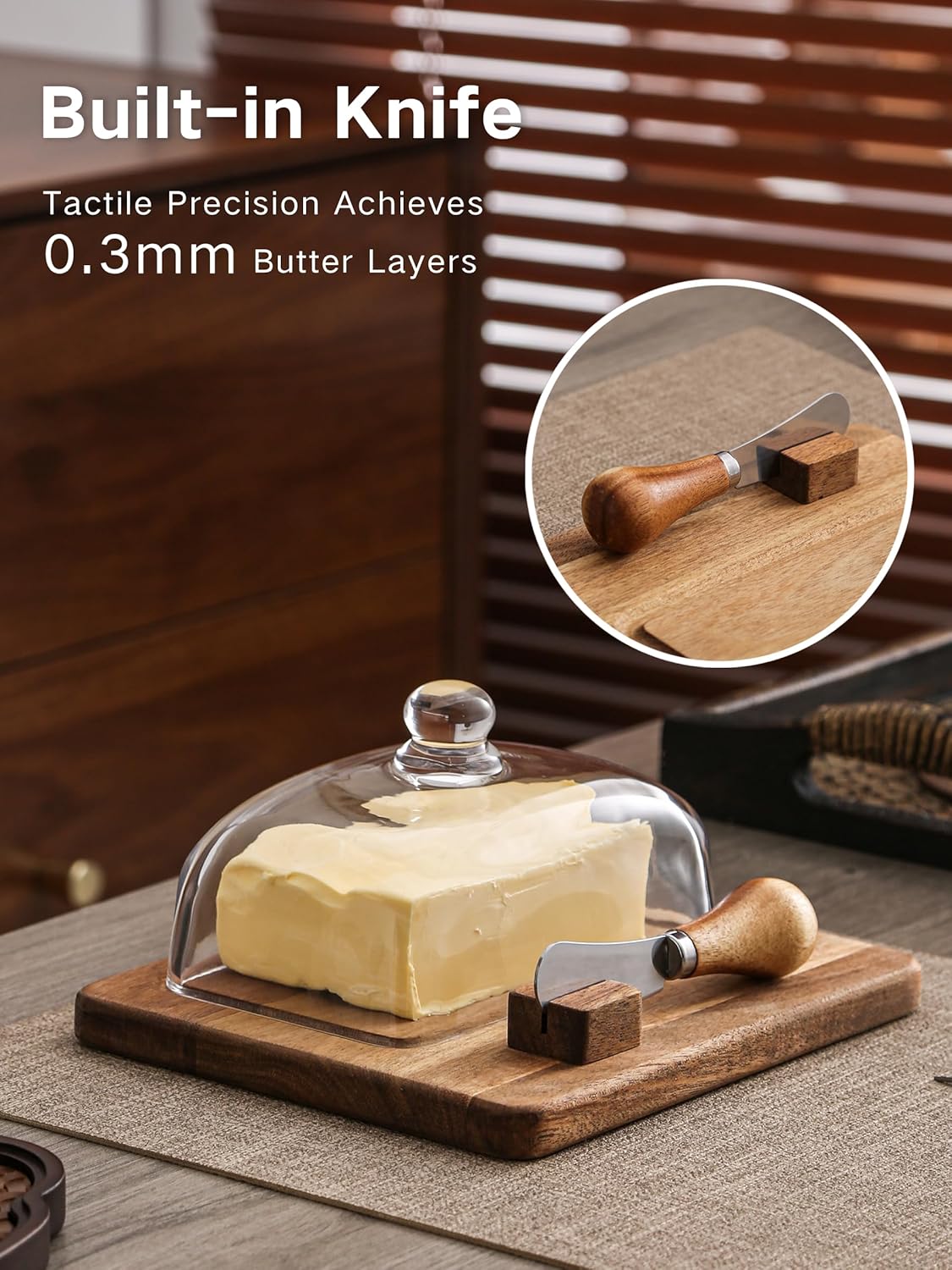 Large Glass bamboo Butter Dish with knife,Large Butter Dish for Countertop,Thick Sealed Glass Lid,Butter Dishes with Lid for West/East Coast Butter,Kitchen Decor and Gifts,Dishwasher Cleanable