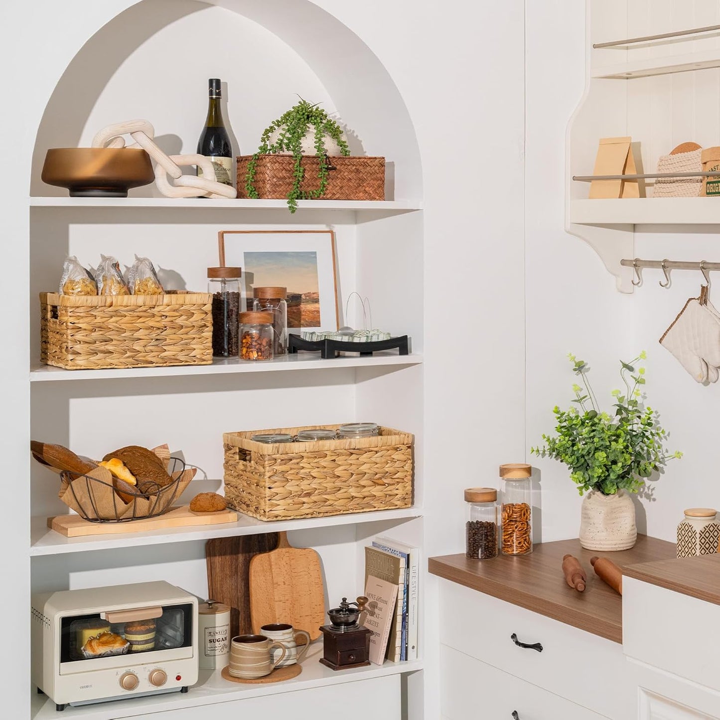 StorageWorks Wicker Storage Baskets, Handwoven Water Hyacinth Basket for Organizing, Decorative Organizers with Built-in Handles, Set of 2