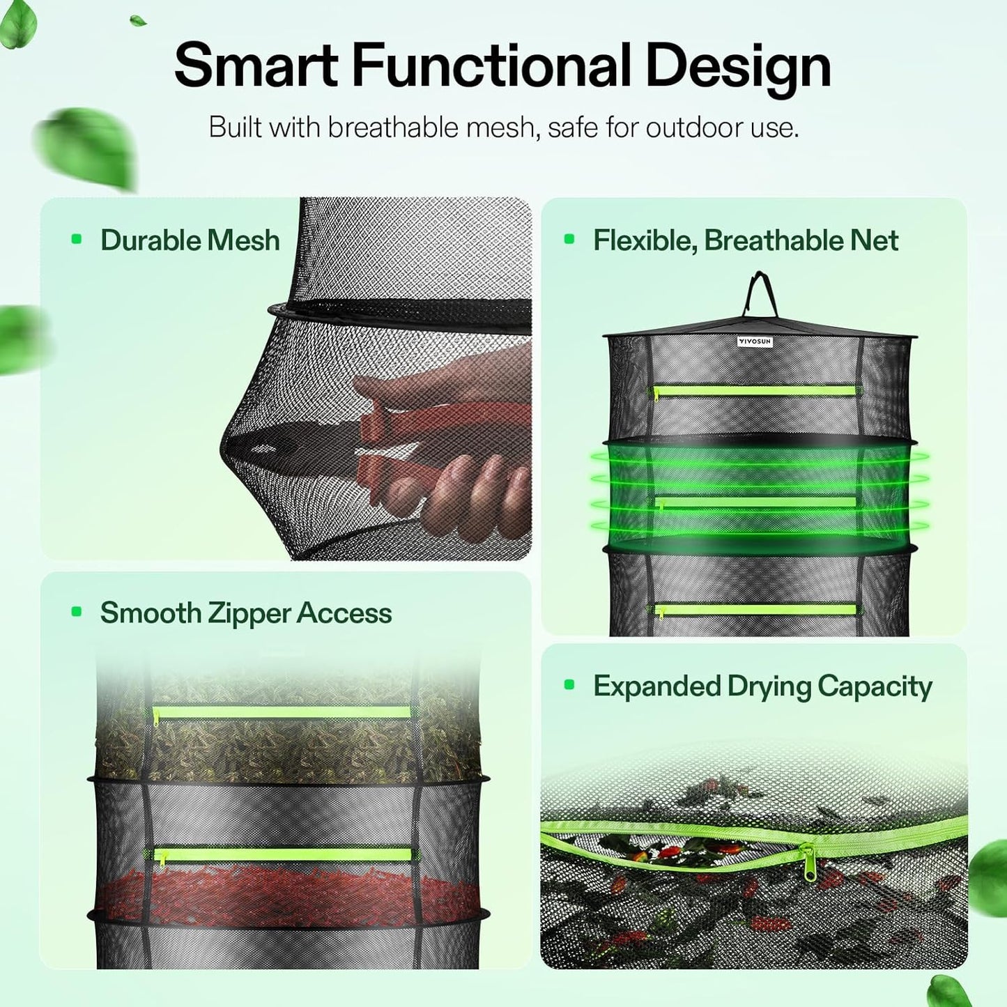 VIVOSUN 2-Pack 6-Layer Mesh Drying Rack Hanging Design with Green Zippers for Dehydrating, Indoor and Outdoor (Pruning Shears Included)