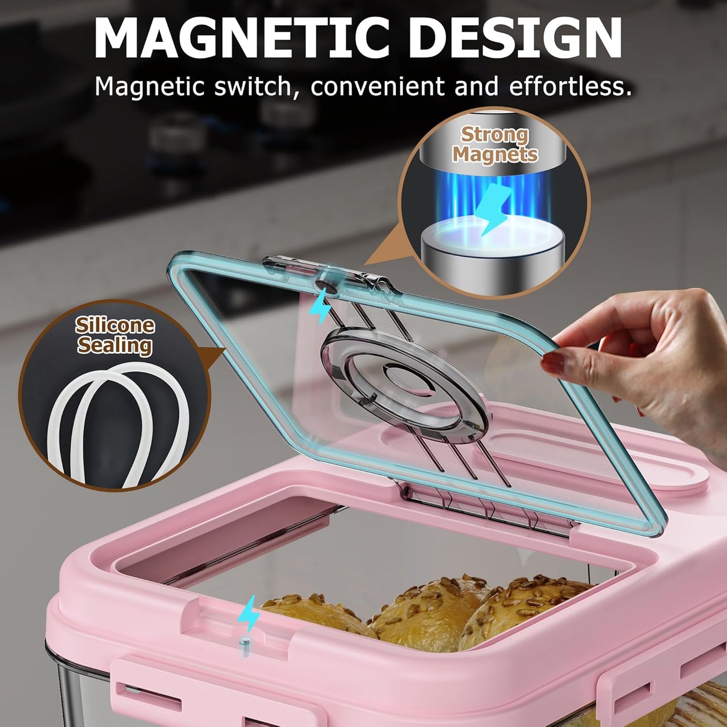 Bread Box, Airtight Braed Storage Container, Bread Box For Kitchen Countertop, Time Recording Bread Storage with Lid, Flip-Top Bread Keeper, Pink