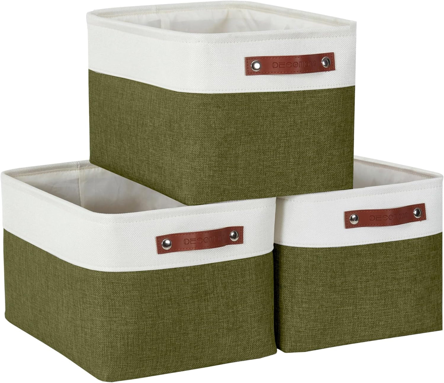 DECOMOMO Fabric Storage Bins - Storage Baskets for Shelves, Linen Closet Organization (Olive Green & White, Large - 3 Pack)
