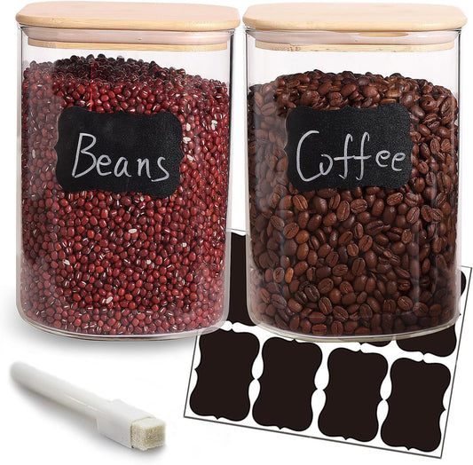Large Glass Flour and Sugar Containers, Set of 2-120 oz Glass Food Storage Containers with Airtight Lids, Square Glass Jars with Bamboo Lids for Rice, Pasta, Cookies, Sugar