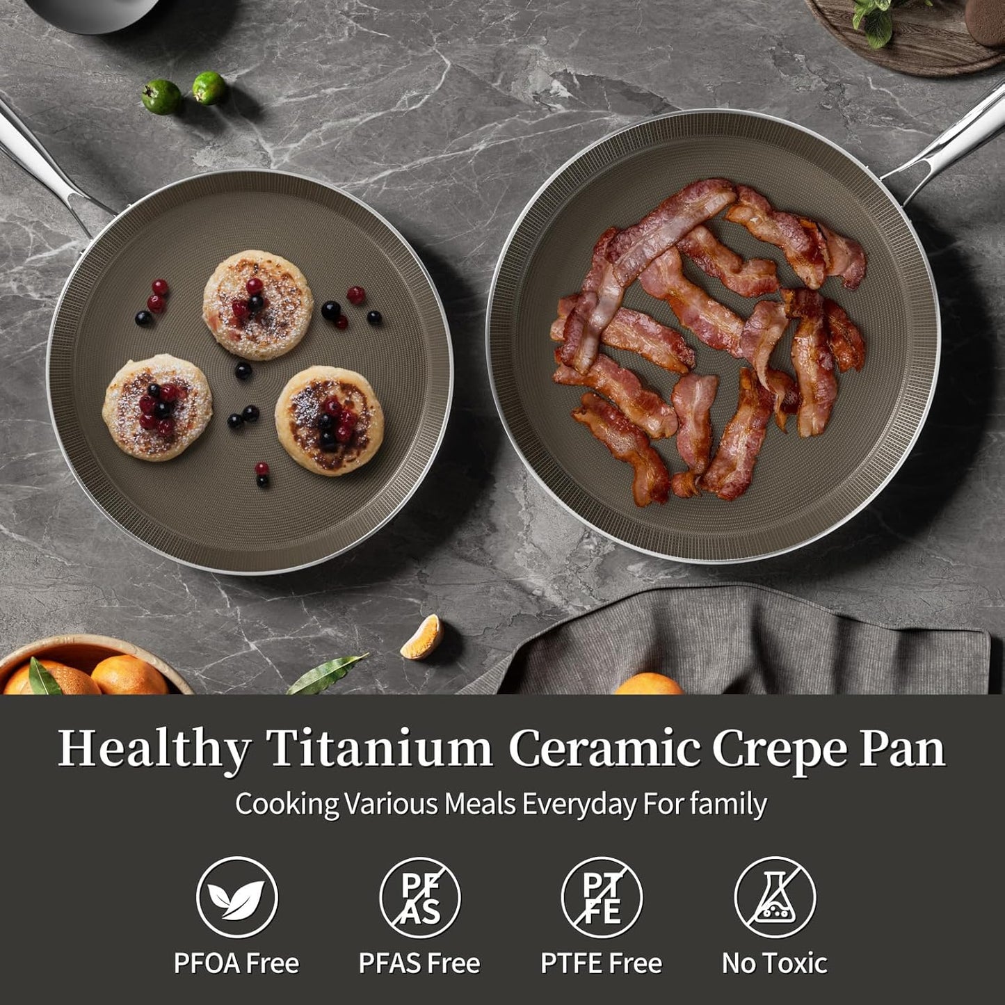 10 Inch Stainless Steel Crepe Pan - Titanium Ceramic Nonstick Crepe Pan, Stainless Steel Pancake Pan, Non Stick Flat Skillet Tawa Dosa Tortilla Griddle Pan, Induction Compatible, PFOA&PFAS Free