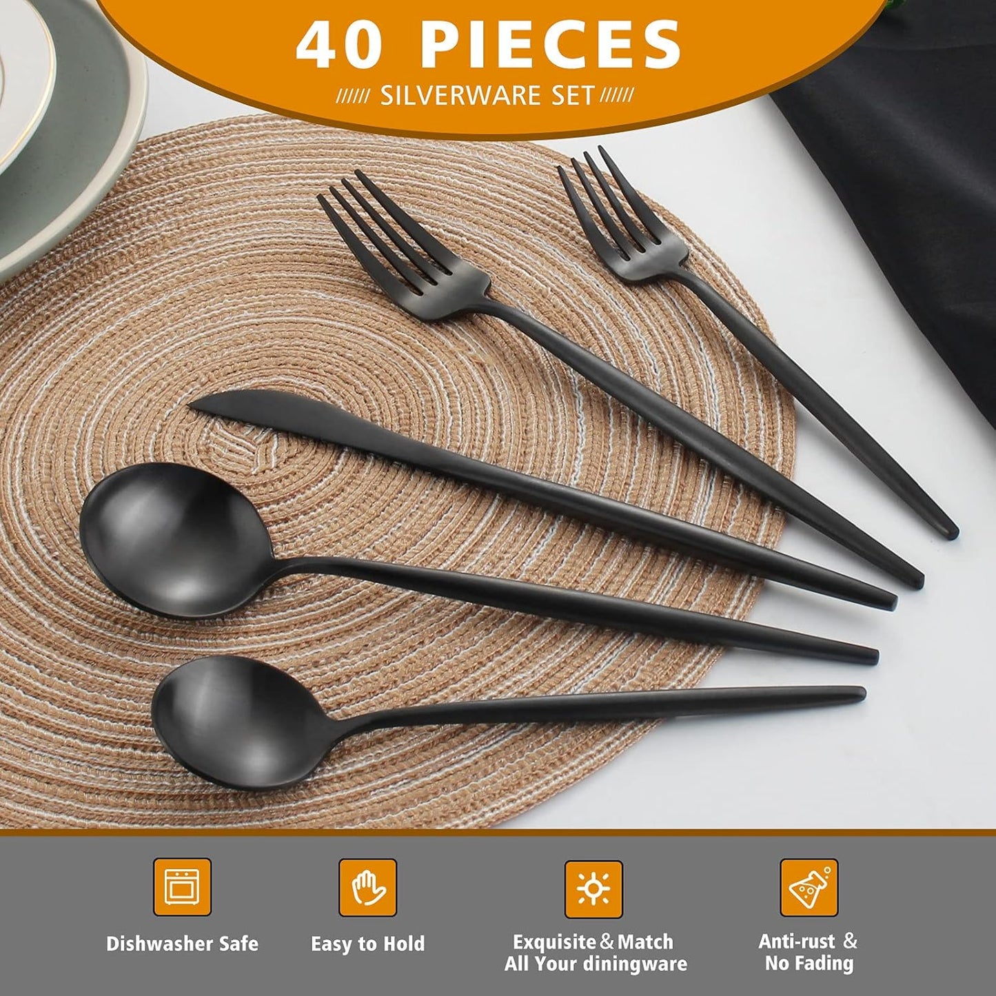 Matte Black Silverware Set, Oliviola 40-Piece Stainless Steel Flatware Cutlery Set Service for 8, Satin Finish Kitchen Utensil Set, Dishwasher Safe