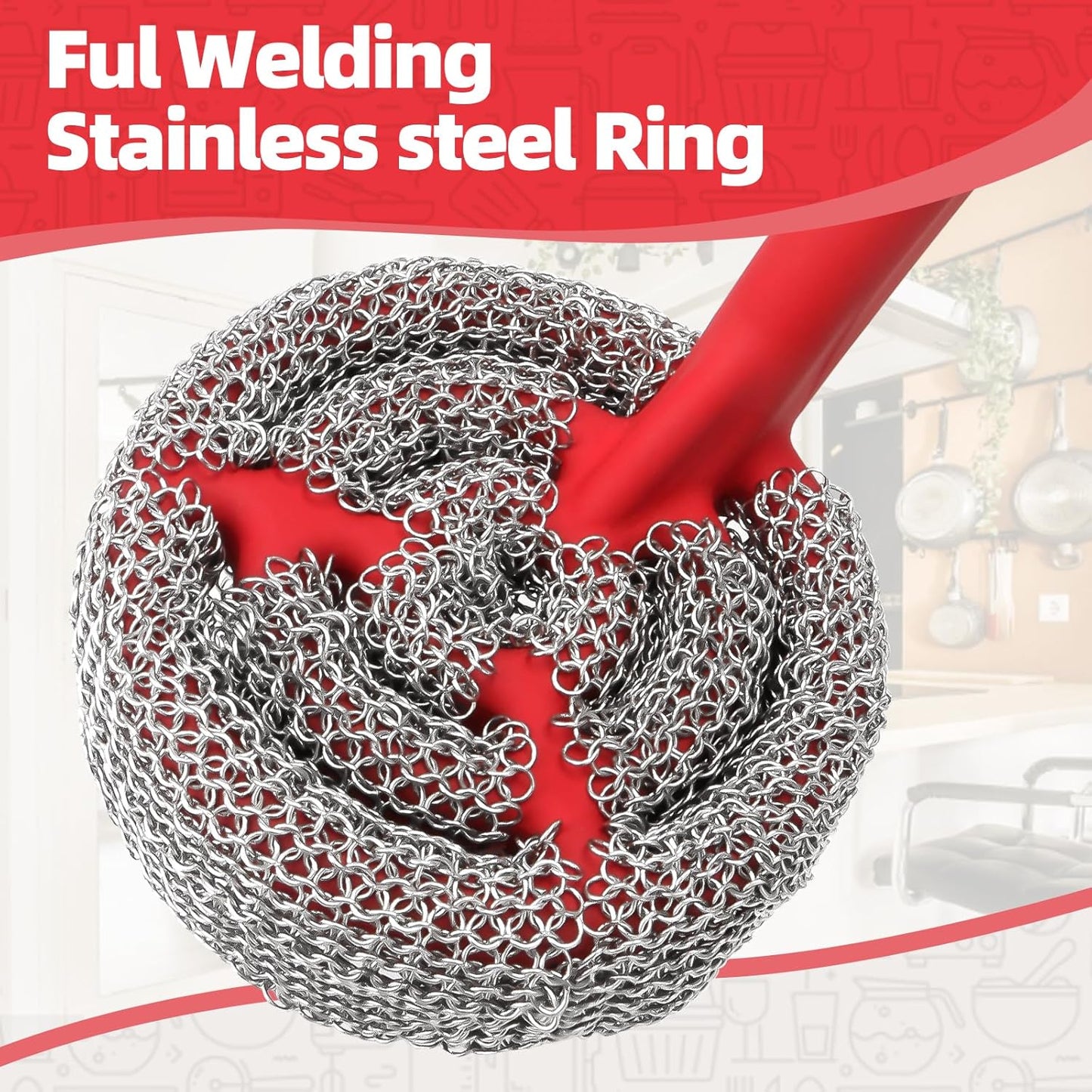 Cast Iron Chainmail Scrubber with Handle （ABS） - Cleaner for Pans and Pots - Premium Stainless Steel/Silicone Scraper for Skillets - Ergonomic Food-Safe Design - Easy to Clean Cookware Dish Brush