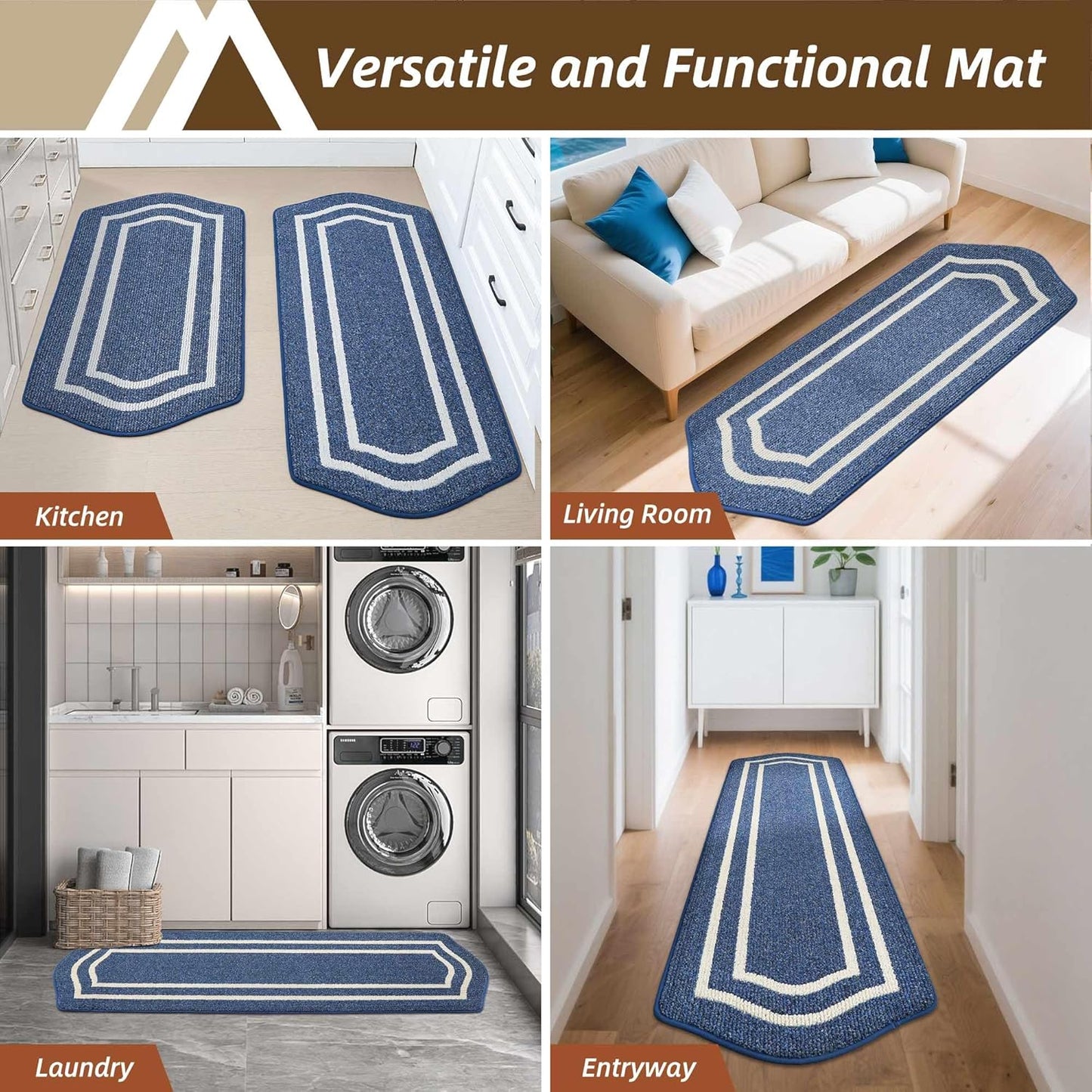 COSY HOMEER Long Kitchen Floor Mats for in Front of Sink Super Absorbent Kitchen Rugs and Mats 24"x48" Non-Skid Kitchen Mat Standing Mat Washable,Polypropylene,Blue,Frame