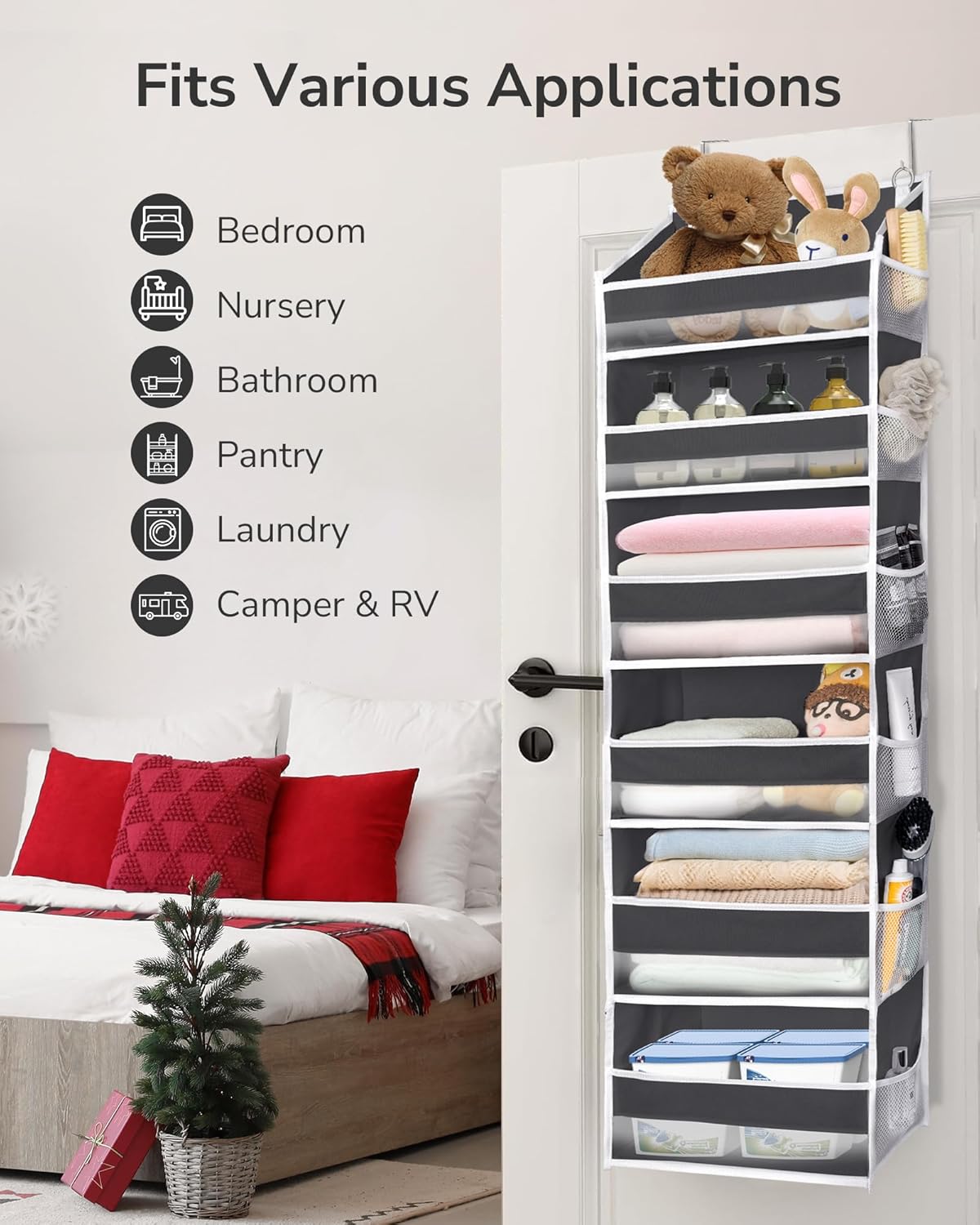 ULG Over The Door Organizer with 6 Large Pockets 12 Side Pockets, 50lbs Weight Capacity Door Hanging Organizer for Bedroom, Bathroom, Pantry, Nursery Storage, Dark Gray