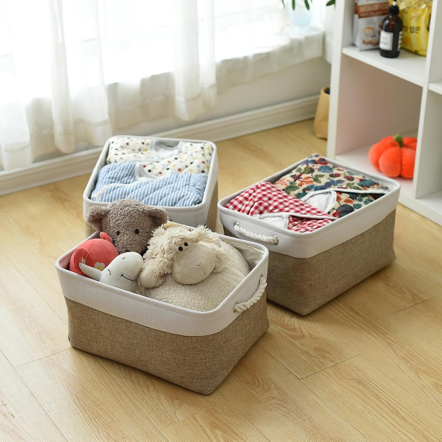 TheWarmHome Storage Basket for Organizing- 15.7x11.8x8.2 inch 1 Pack Fabric Storage Cubes for Shelves Organizer Book Gift Laundry Box Cloth Toy (Whiet & Khaki)