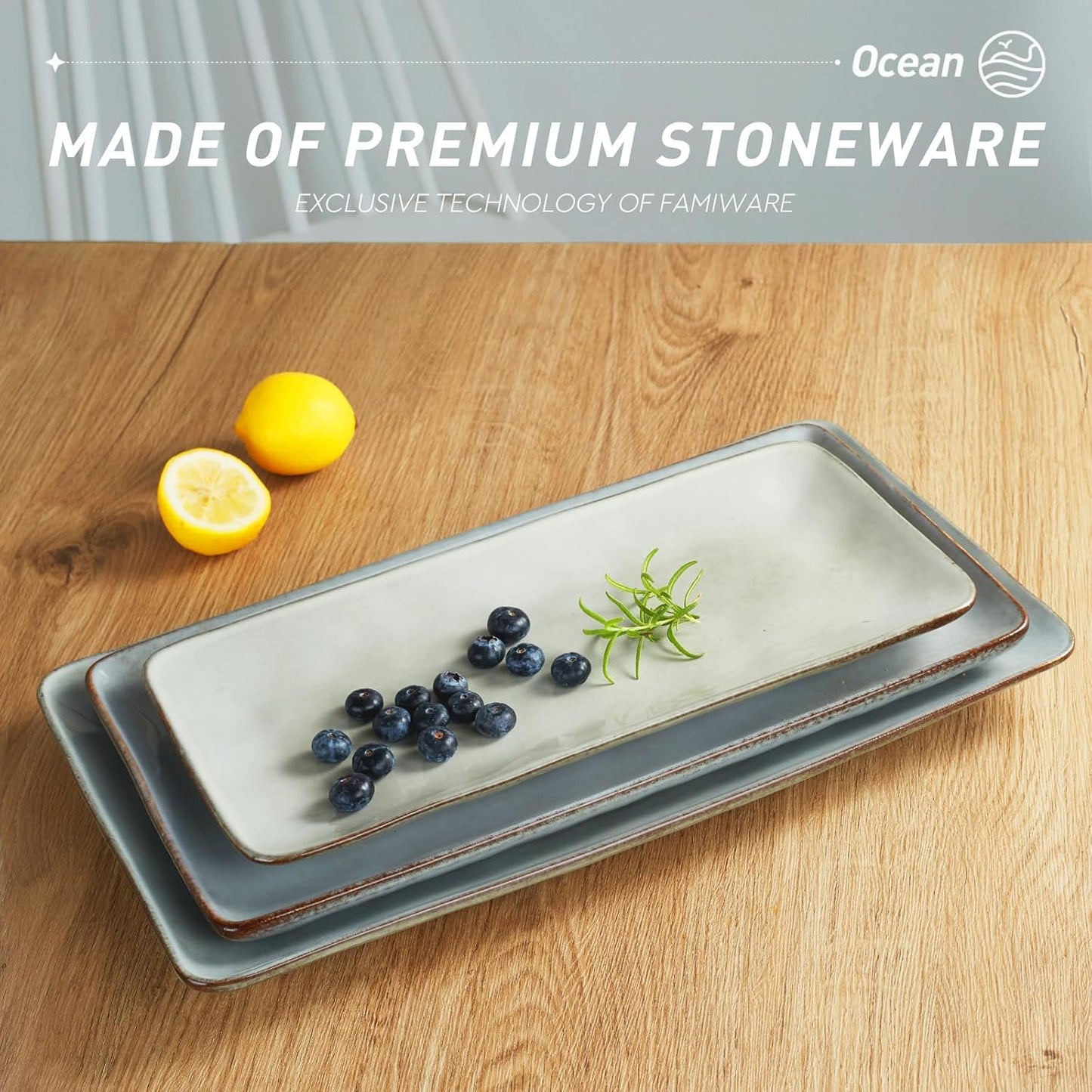 famiware Serving Platter, Rectangular 15.67/14.1/12.6inch Serving Dishes for Entertaining, Reactive Glaze, Stoneware Serving Trays for Party, Food, Turkey, Snack, Cheese, Ocean Series, Grey