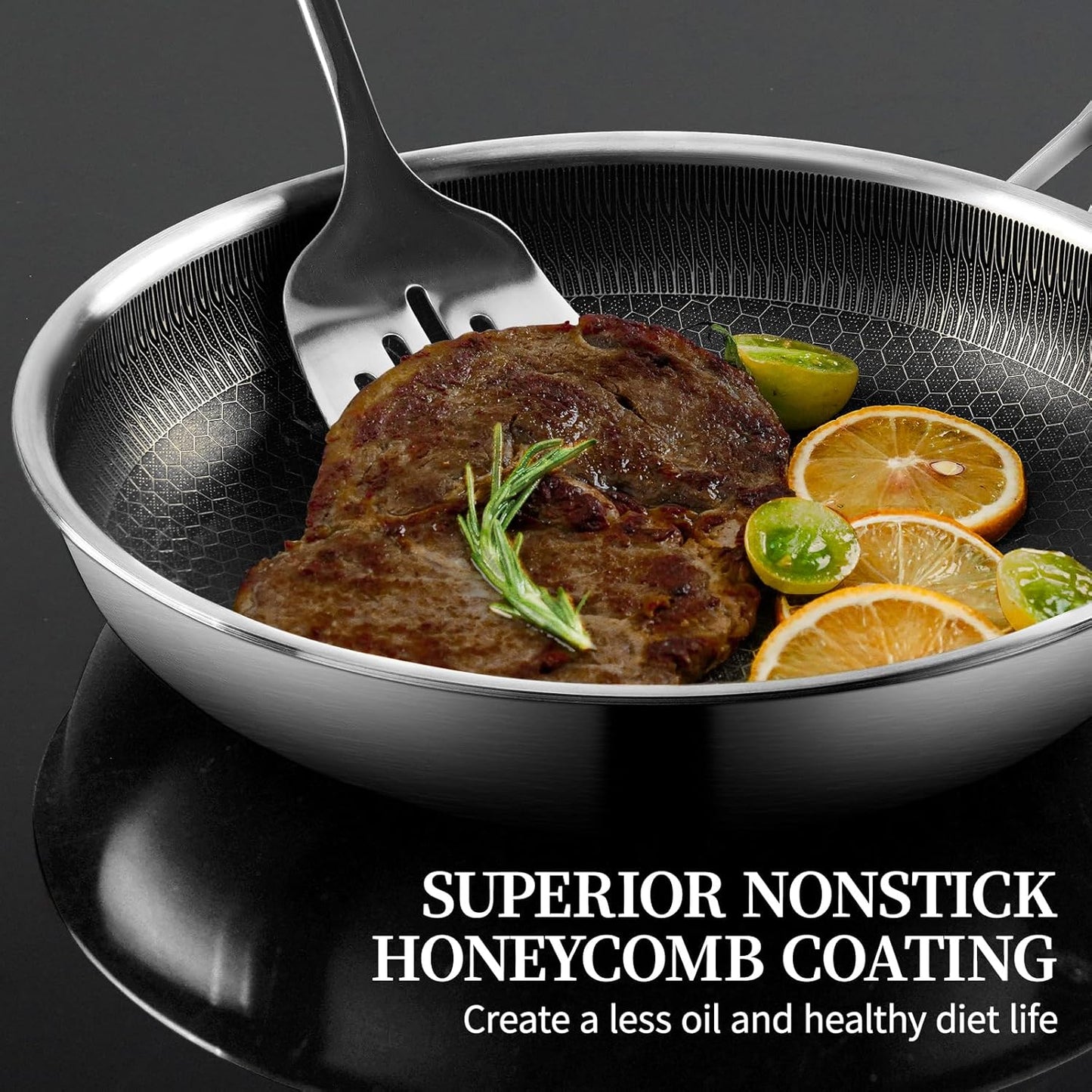 Stainless Steel Frying Pan with Lid - 11 Inch Nonstick Frying Pan with Lid, Honeycomb Stainless Steel Skillet Omelet Chef's Pan with Stay Cool Handle, Induction Compatible, PFOA Free