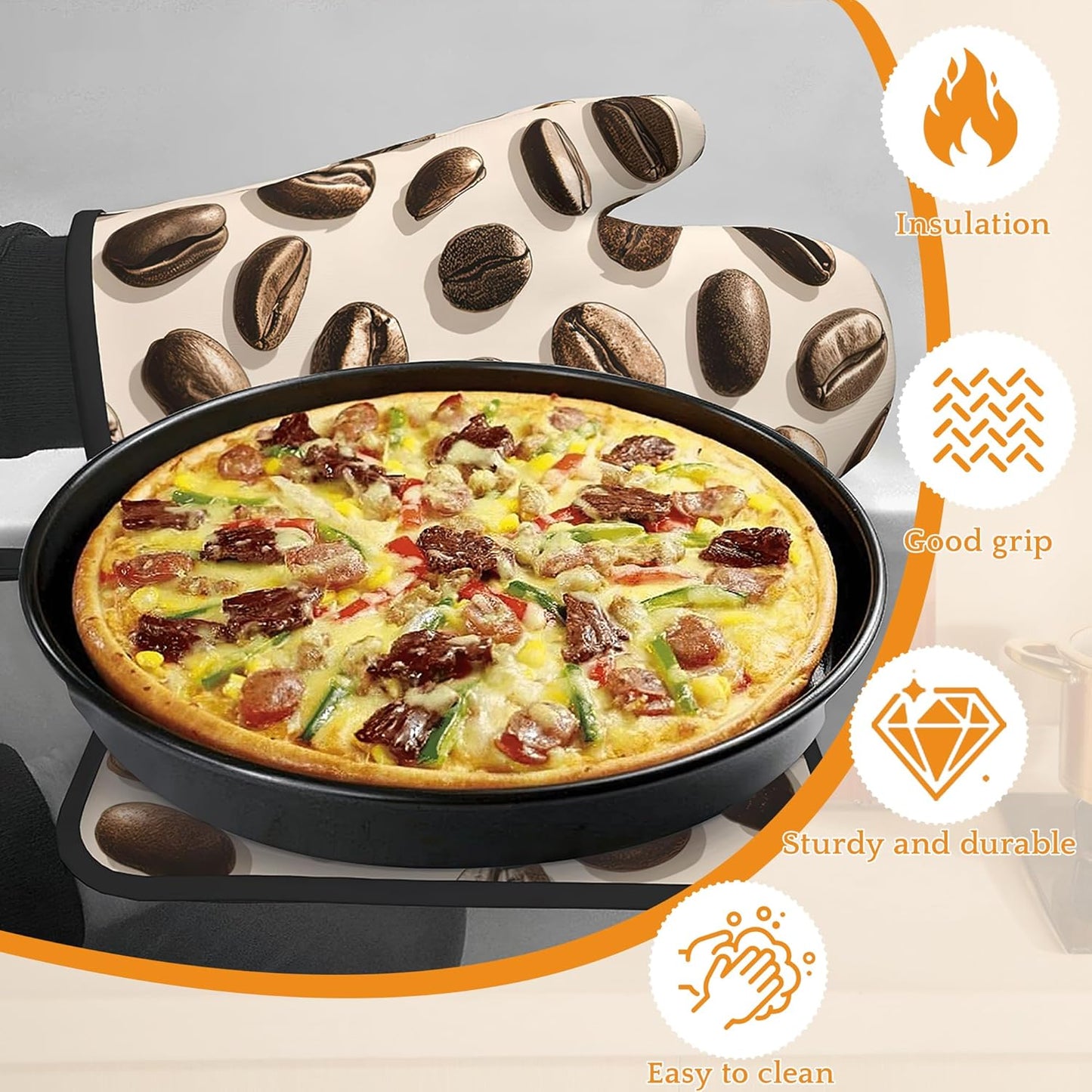 Coffee Bean Oven Mitts and Pot Holders Set,Kitchen Oven Gloves and Pot Holder with Heat Resistant Non Slip for Cooking Baking Grilling(4 Piece Set)