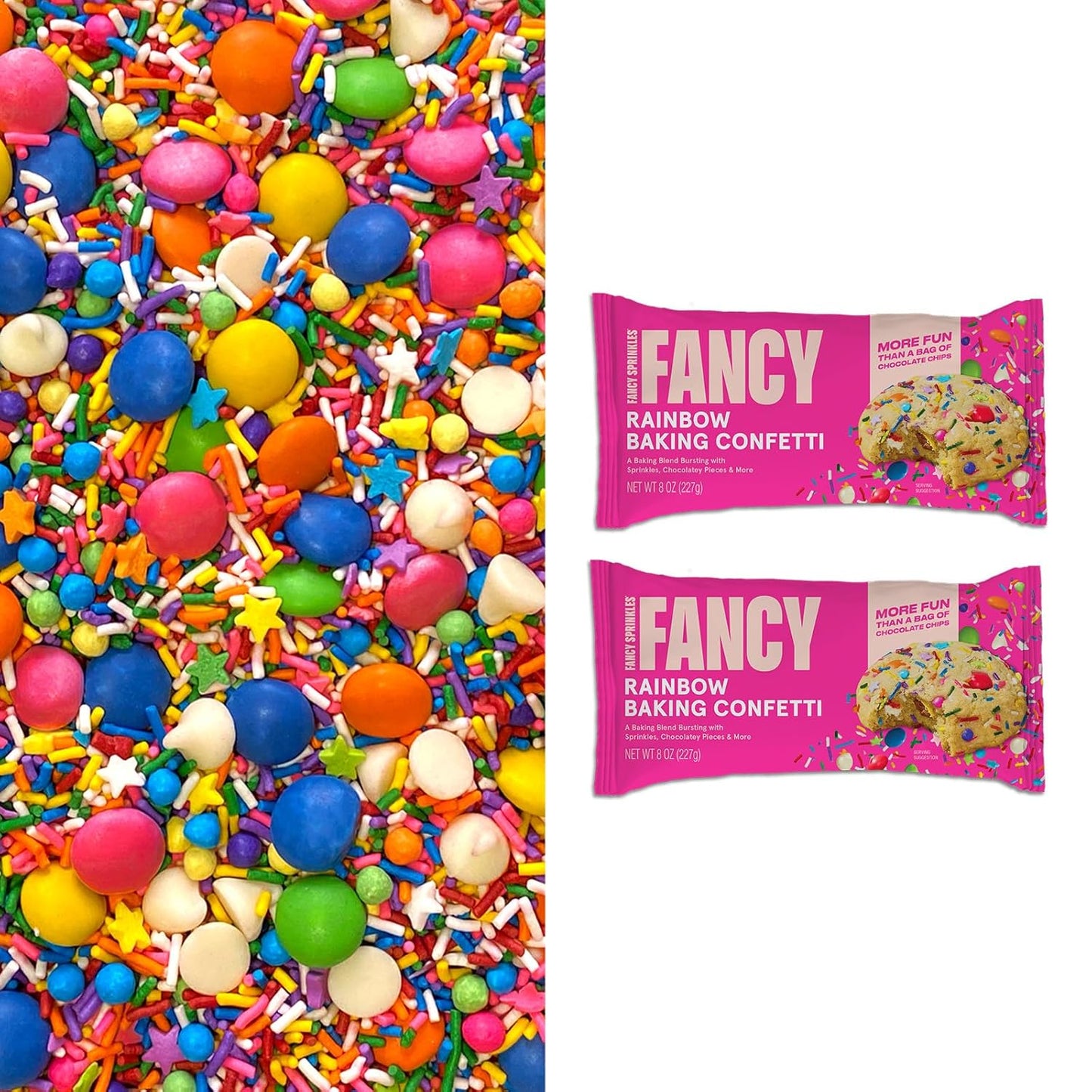 Fancy Sprinkles Rainbow Baking Confetti Sprinkles and Chocolate Pieces, Crunchy Jimmies, Chocolate Gems, Candy-Coated Chocolatey Morsels, Star Confetti Pieces, And White Morsels 8 oz Bag (2 Pack)