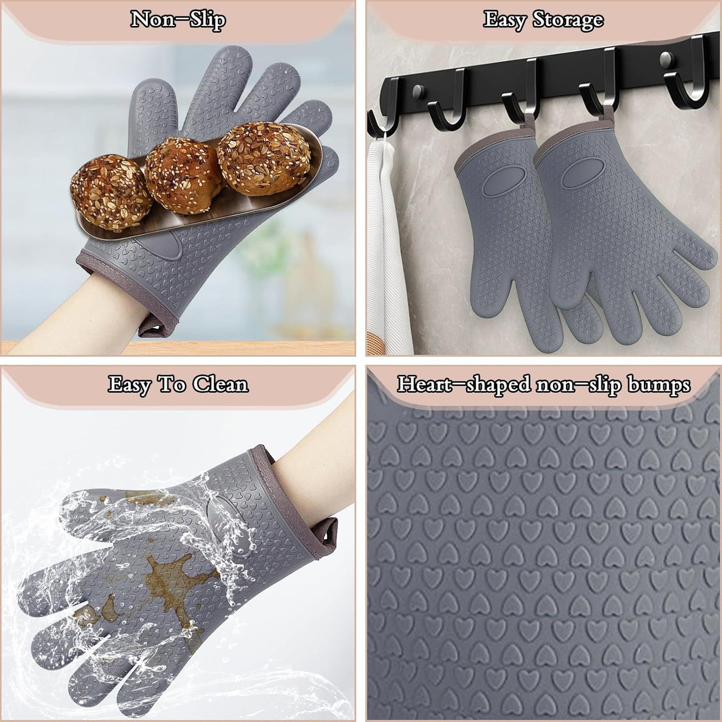 Oven Mitts with Fingers, Heat Resistant 500°F, Waterproof & Non-Slip Kitchen Gloves for Baking, Grilling, Cooking.5-Finger Design with Soft Lining, Hanging Hook,Gray