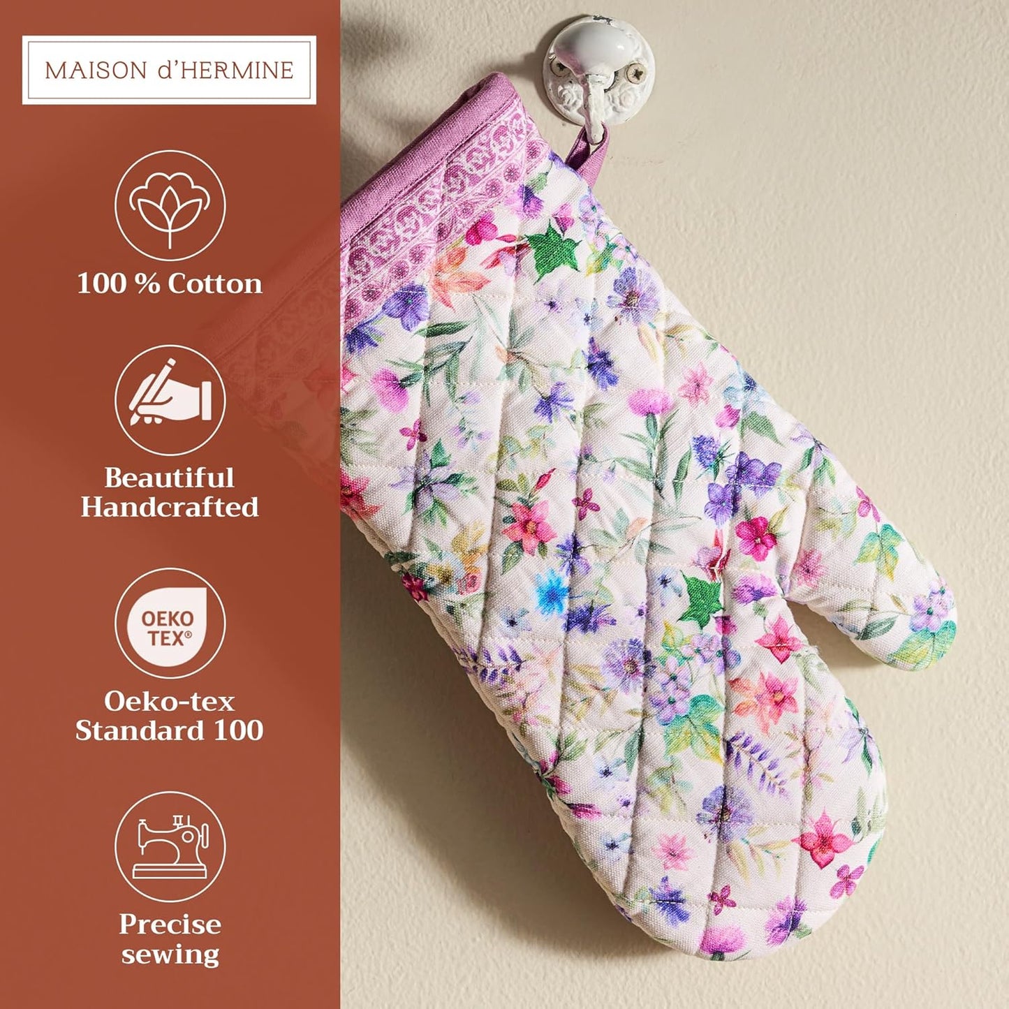 Maison d' Hermine Oven Gloves 100% Cotton Oven Mitt 7" x 13" with Loop Heat Resistant, BBQ, Cooking Gloves, Baking, Grilling, Kitchen, Handling Hot Pans Spring/Summer (Pack of 1, Chardon)