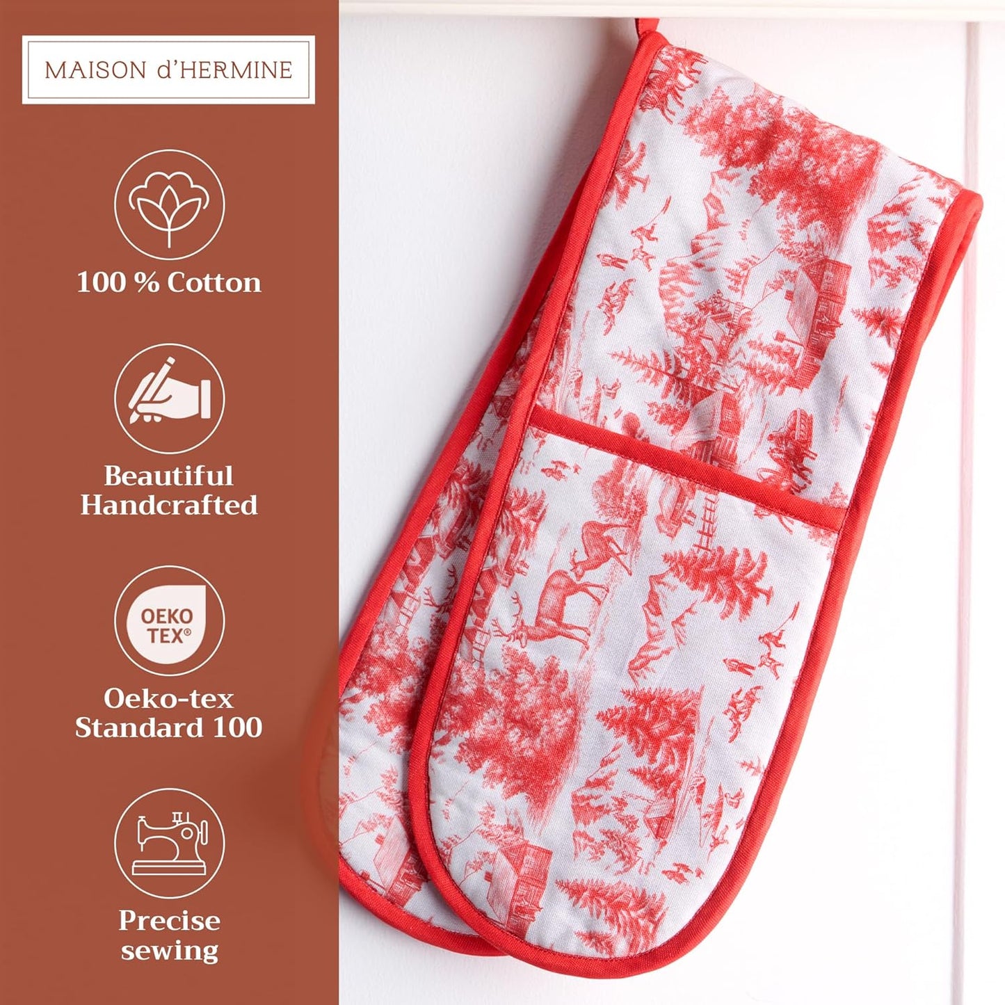 Maison d' Hermine Double Oven Mitts 100% Cotton 7"x35" Double Oven Mitt Heat Resistant BBQ Cooking Gloves with Loop, Baking, Grilling, Home, Kitchen, Handling Hot Pans (Winter Jouy)