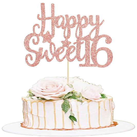 Gyufise 1Pc Happy Sweet 16 Cake Topper Rose Gold Glitter Sweet 16 Birthday Decorations Happy 16th Birthday Decorations for Girls Boys