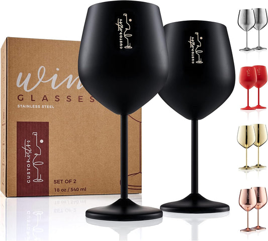Gusto Nostro Stainless Steel Wine Glass - 18 oz - Unbreakable Black Wine Glasses for Travel, Camping and Pool - Fancy, Unique and Cool Portable Metal Wine Glass for Outdoor Events, Picnics (Set of 2)