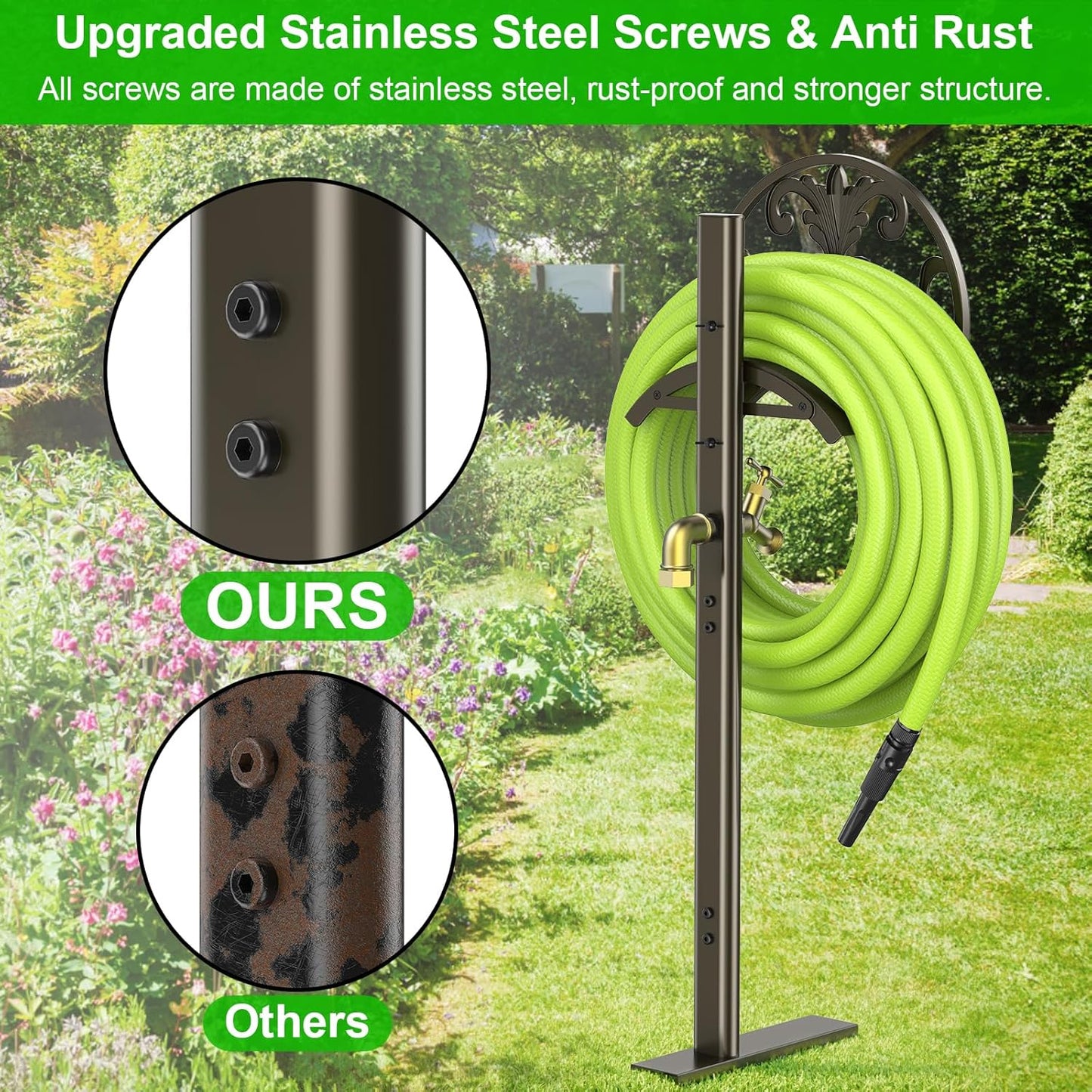 GOFORWILD Garden Hose Stand with Brass Faucet, Detachable Heavy Duty Water Hose Holder, Freestanding Metal Hose Reel Decorative Storage Hanger Holds 150-Feet Hose for Outside Patio Lawn Yard