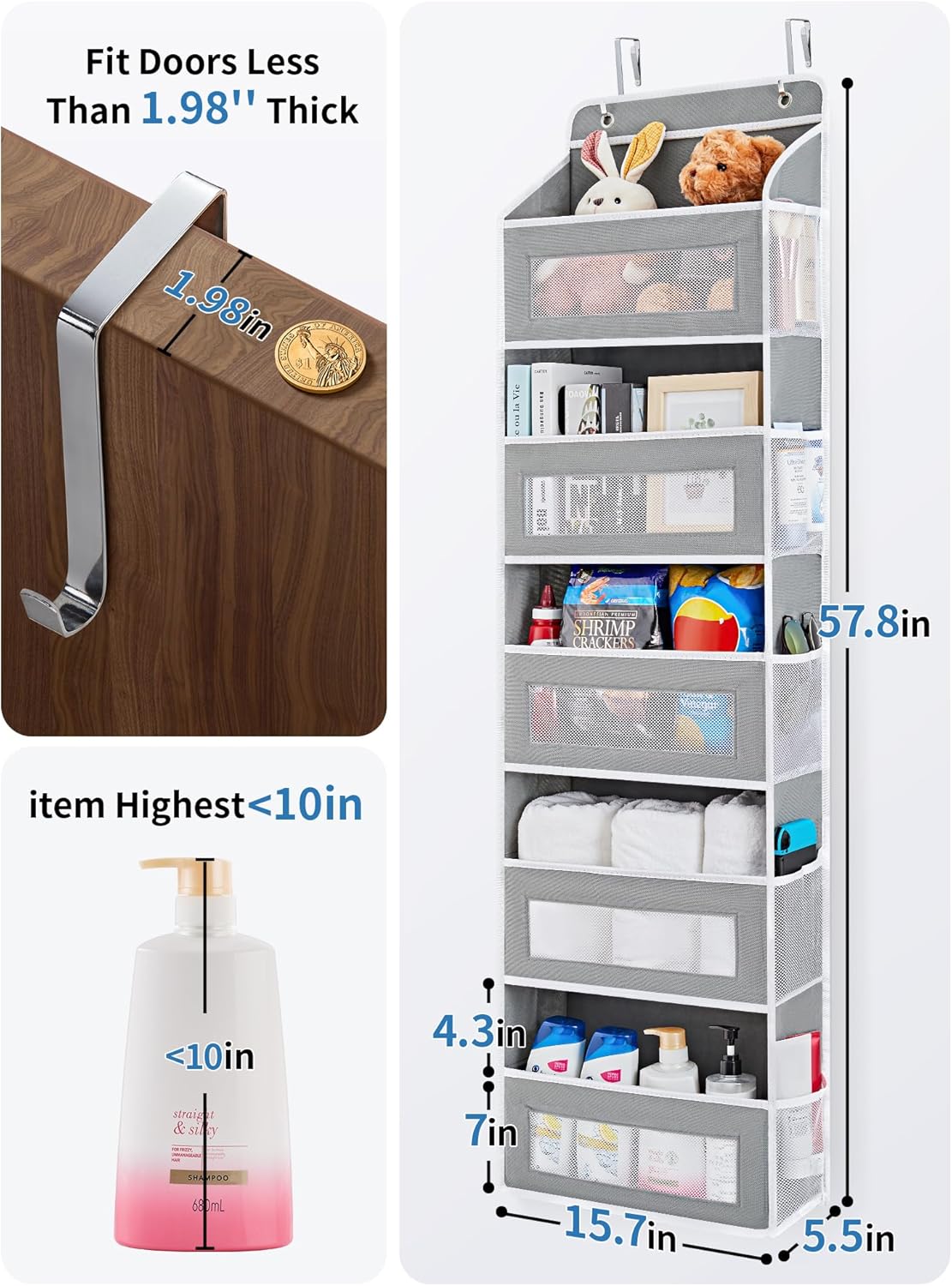 JARLINK Over The Door Organizer Storage, 5 Shelf Hanging Door Organizer with 5 Large Capacity Pockets, Anti Tilt 44 lb Load Behind Door Storage for Bedroom, Bathroom, Pantry, Nursery, (Grey)