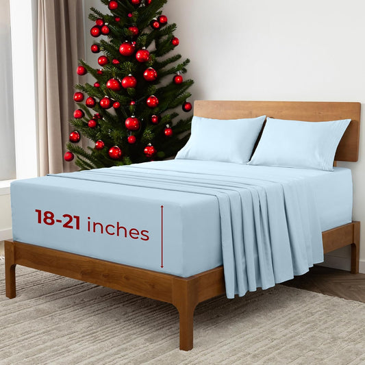 Mellanni Extra Deep Split King Sheets - 5 PC Iconic Collection Bedding - Hotel Luxury, Ultra Soft, Cooling Bed Sheets - Wrinkle, Fade, Stain Resistant (Split King, Aqua)