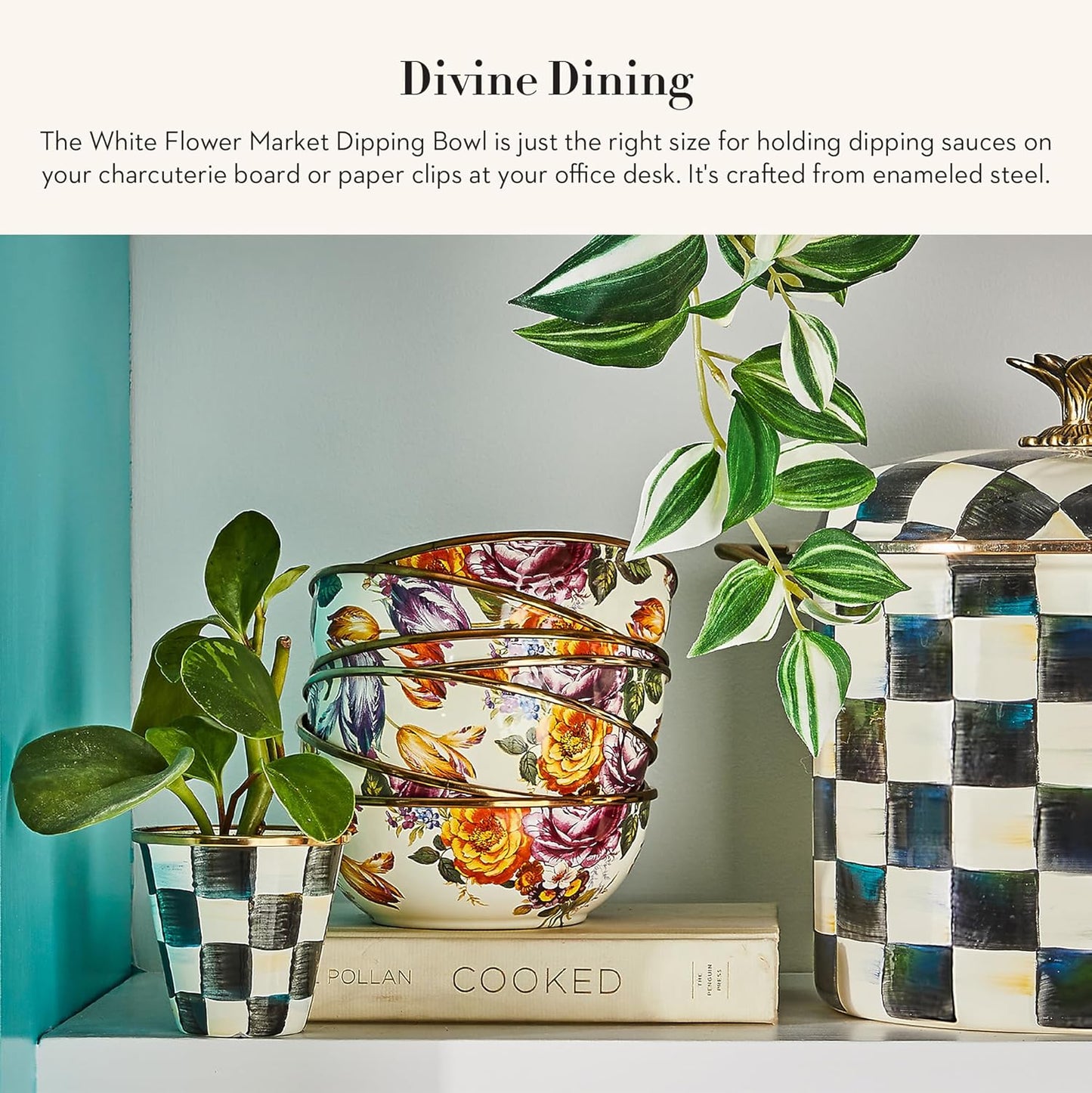 MACKENZIE-CHILDS Enamel Dipping Bowl, Small Serving Bowl for Entertaining, White Flower Market