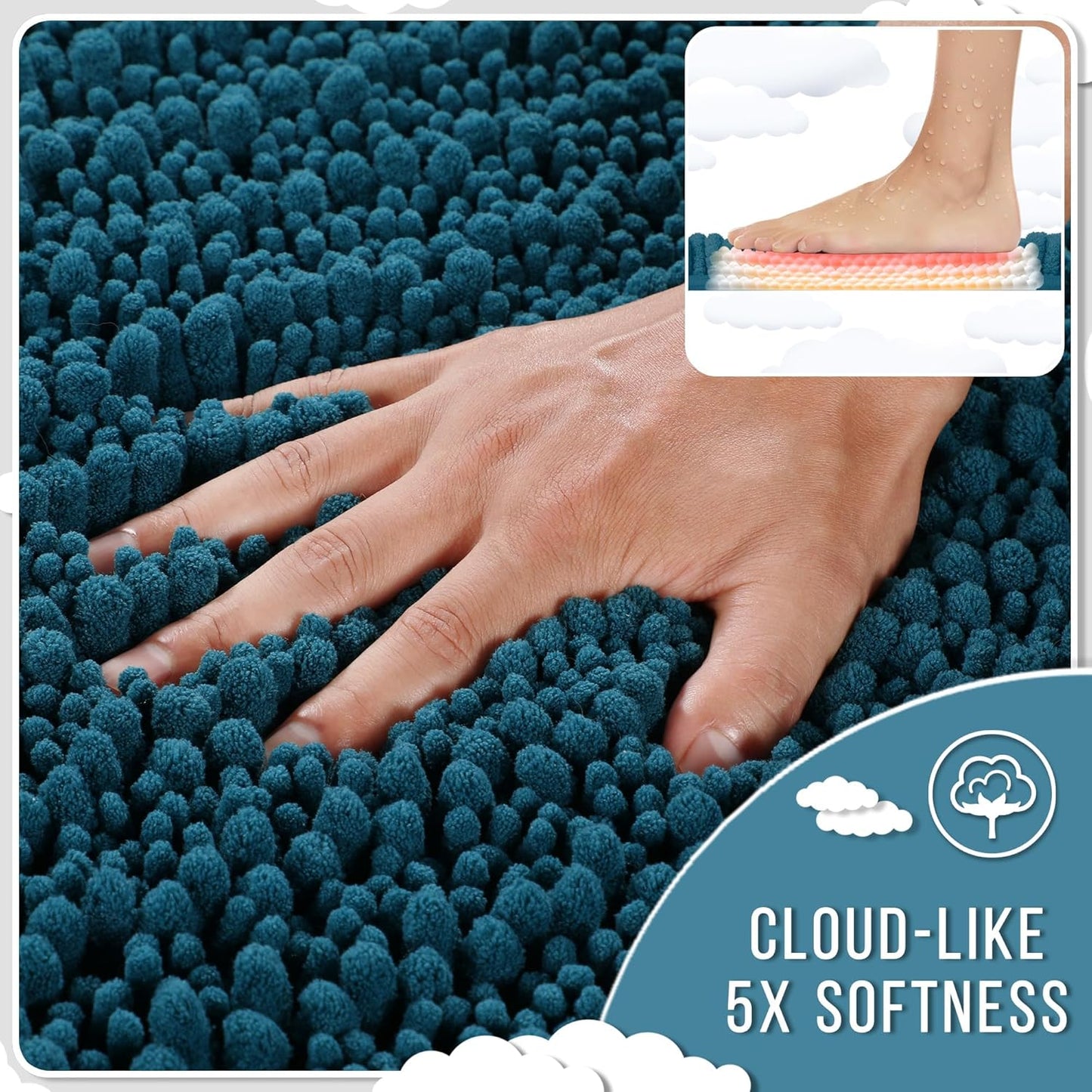 Yimobra Long Bathroom Rugs Non Slip Washable 44x24 Inch - Ultra Soft Absorbent Chenille Bath Mat, Quick Dry Shaggy Floor Carpet for Tub Shower, Peacock Blue Home Decor Accessories