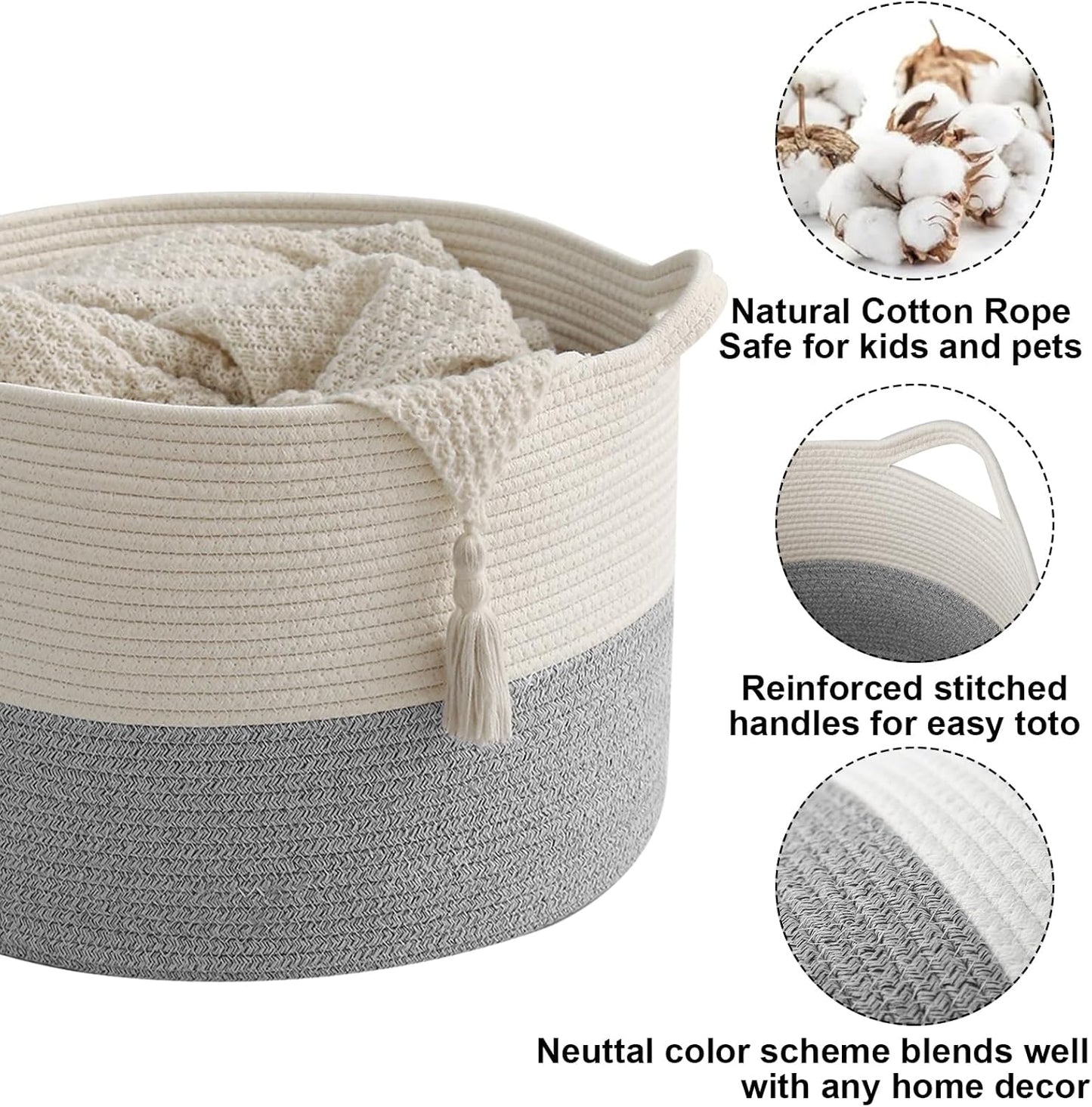 Large Blanket Basket for Organizing,115L Closet Organizers and Storage Bins Box for Shelves Woven Rope Storage Baskets,Living Room,Bedroom,Dorm,Laundry room (White&Grey)