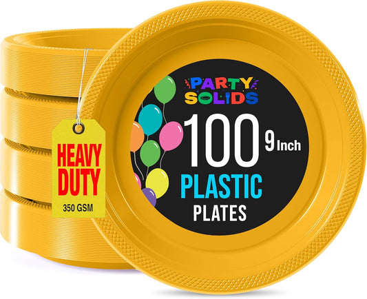 Exquisite Party Solids Yellow Plastic Plates For Party 9" Yellow Disposable Plates Heavy Duty Supplies 100 Pcs Plastic Dinnerware Sets Heavy Duty 350 GSM Disposable Dinnerware Set