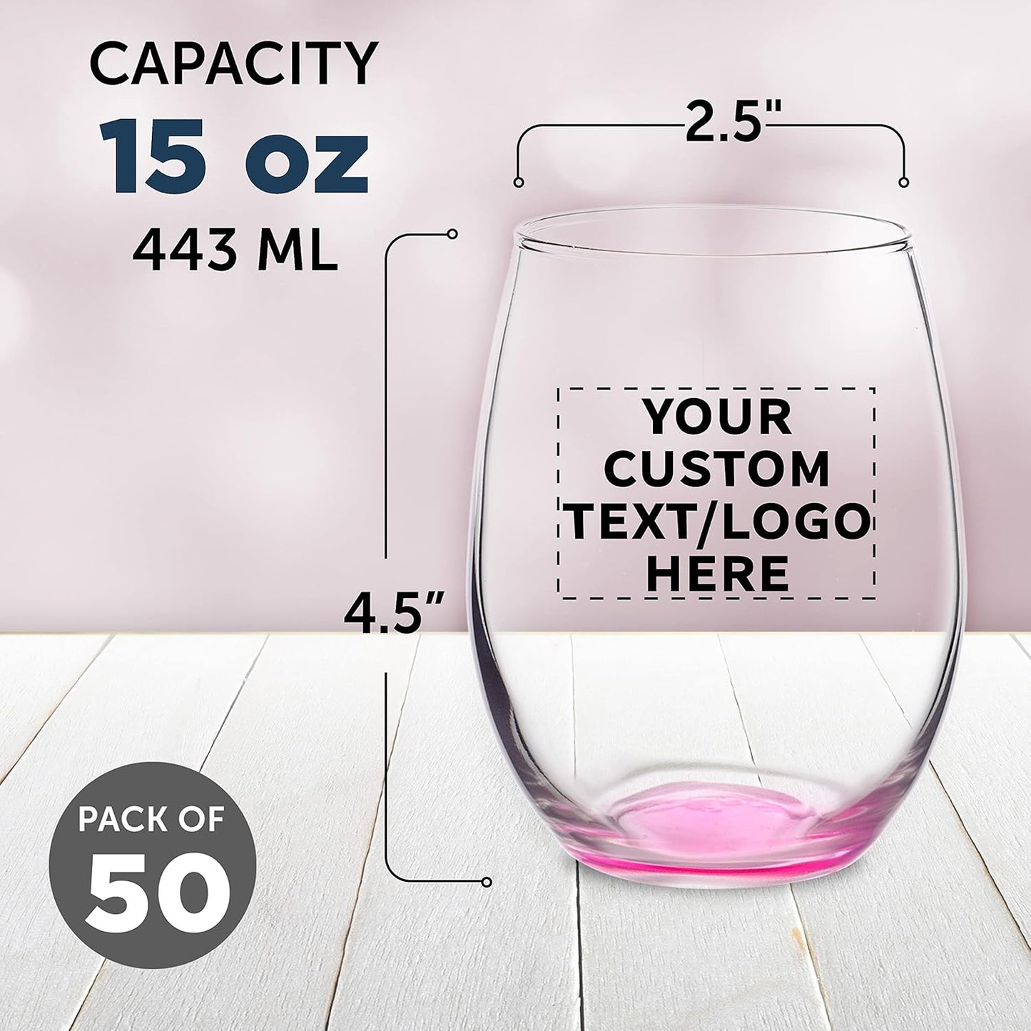 Custom Stemless Wine Glasses in Bulk by ARC Perfection, 15 oz, 50 pack, Personalized Text, Logo, Red or White Wine Glass Set, Pink
