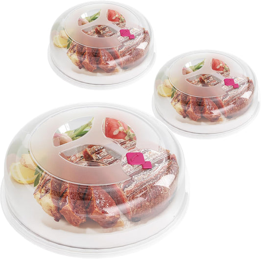 Microwave Splatter Cover 12 Inch Large Plate Cover for Microwave Oven 2 in 1 Food Grade Plastic with Silicone Air Vent Tall Lid BPA Free 3 Pack Clear